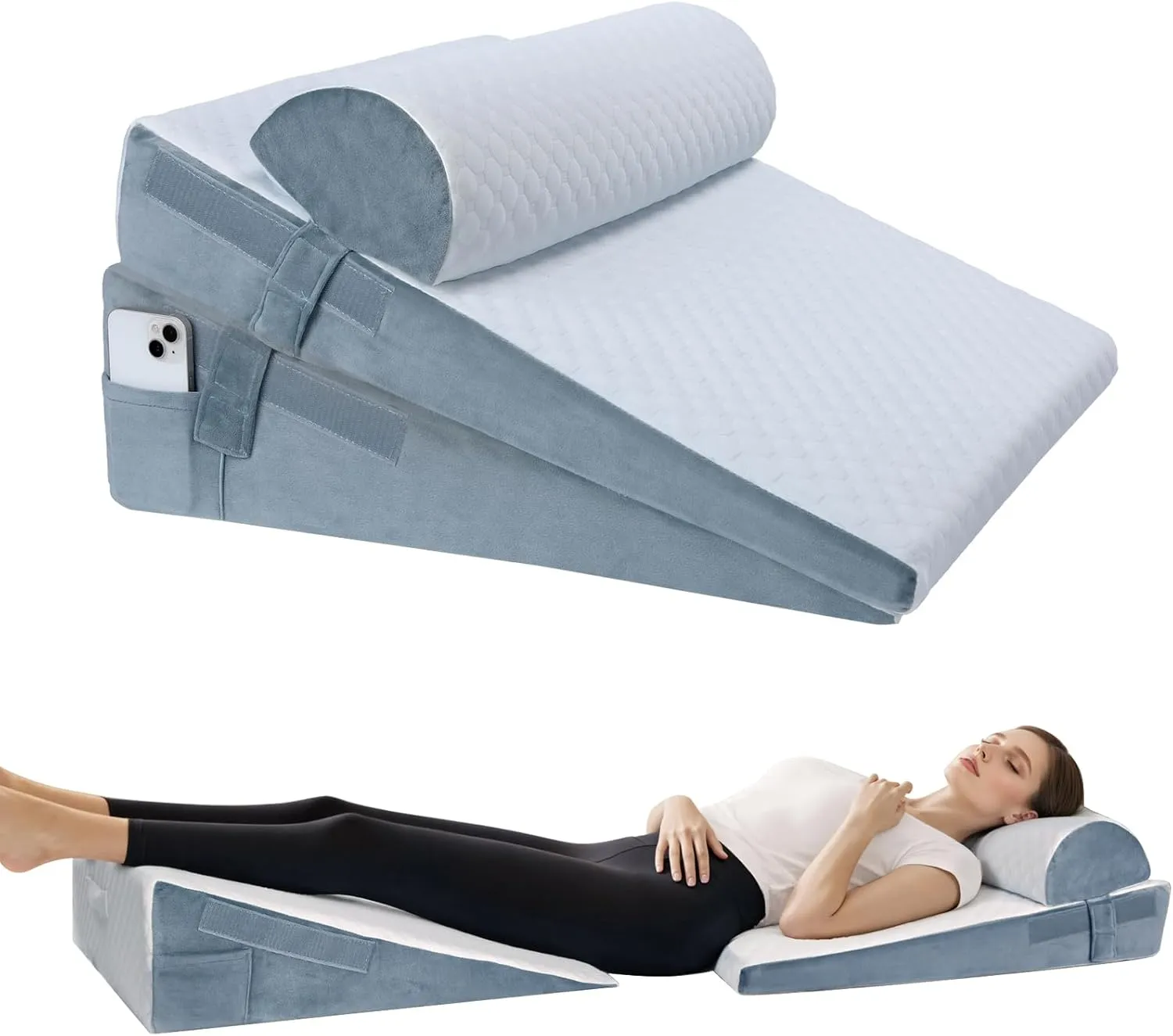 Bed Wedge Pillow for Sleeping, 3 Pcs Adjustable Height 4.5&7.5&12 Inch Triangle Pillow Wedge for Post Surgery, Acid Reflux, Snoring, Legs Pain Relief