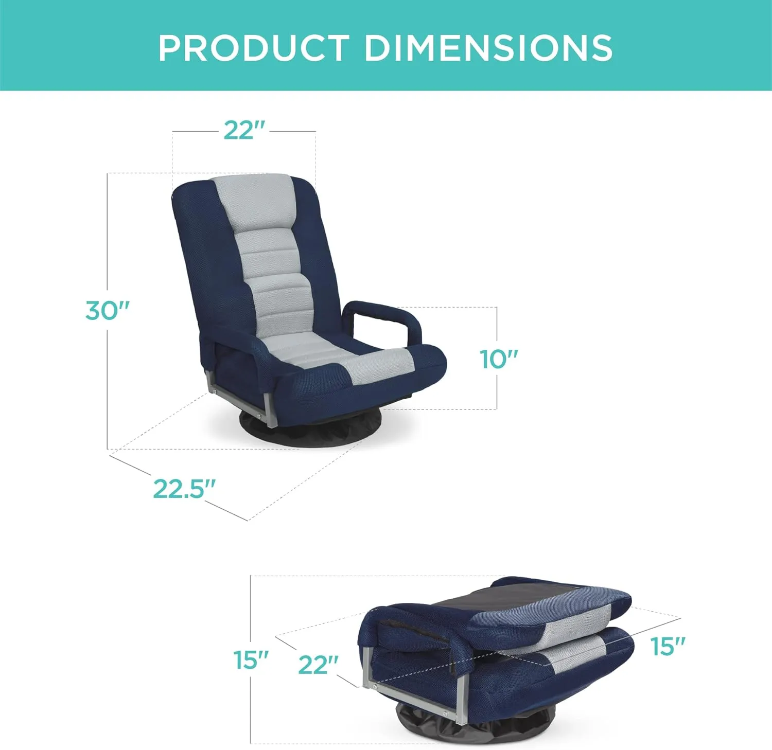 Best Choice Products Swivel Gaming Chair 360 Degree Multipurpose Floor Chair Rocker for TV, Reading, Playing Video Games w/Lumbar Support, Armrest Handles, Adjustable Foldable Backrest - Blue/Gray