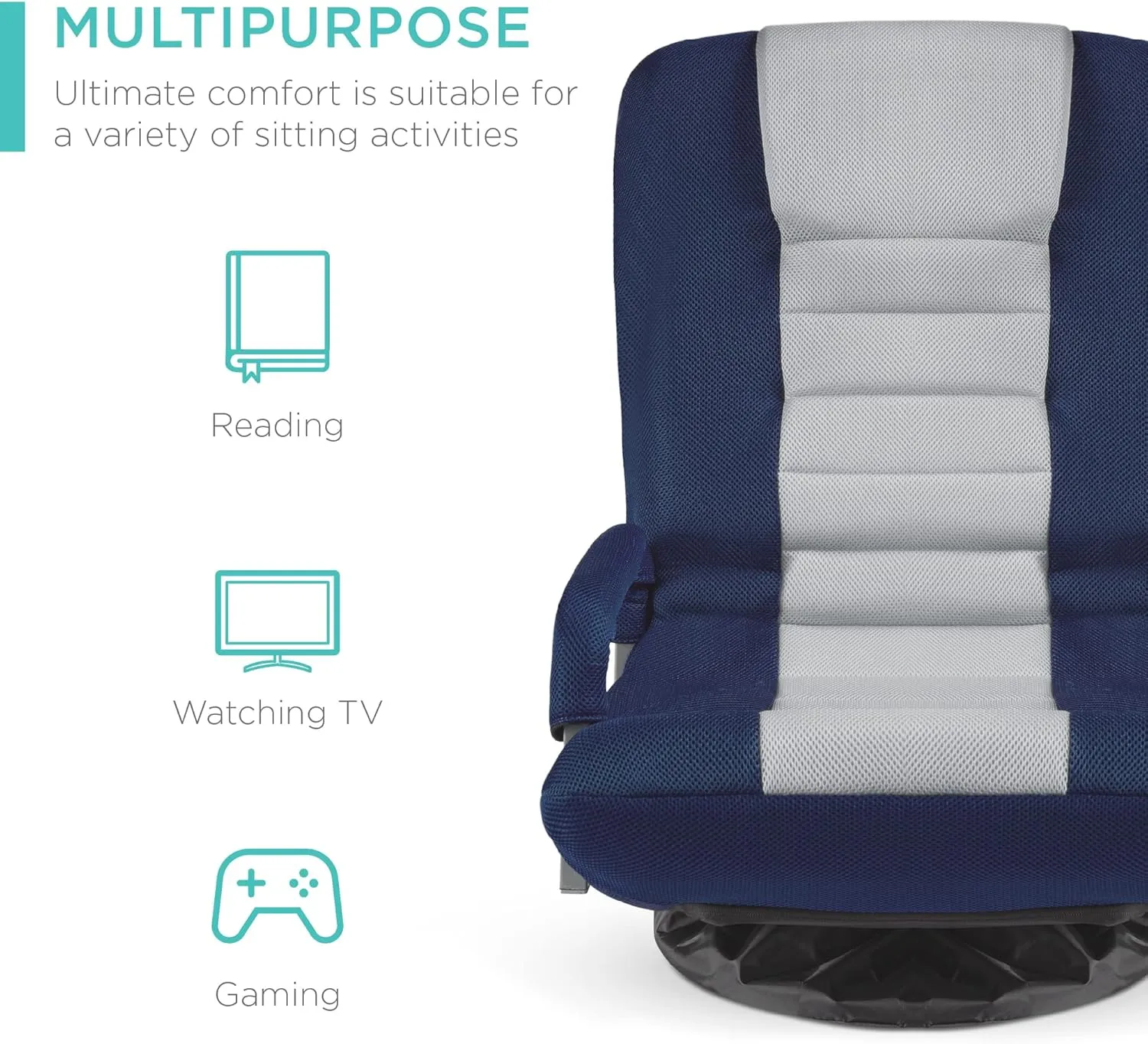 Best Choice Products Swivel Gaming Chair 360 Degree Multipurpose Floor Chair Rocker for TV, Reading, Playing Video Games w/Lumbar Support, Armrest Handles, Adjustable Foldable Backrest - Blue/Gray