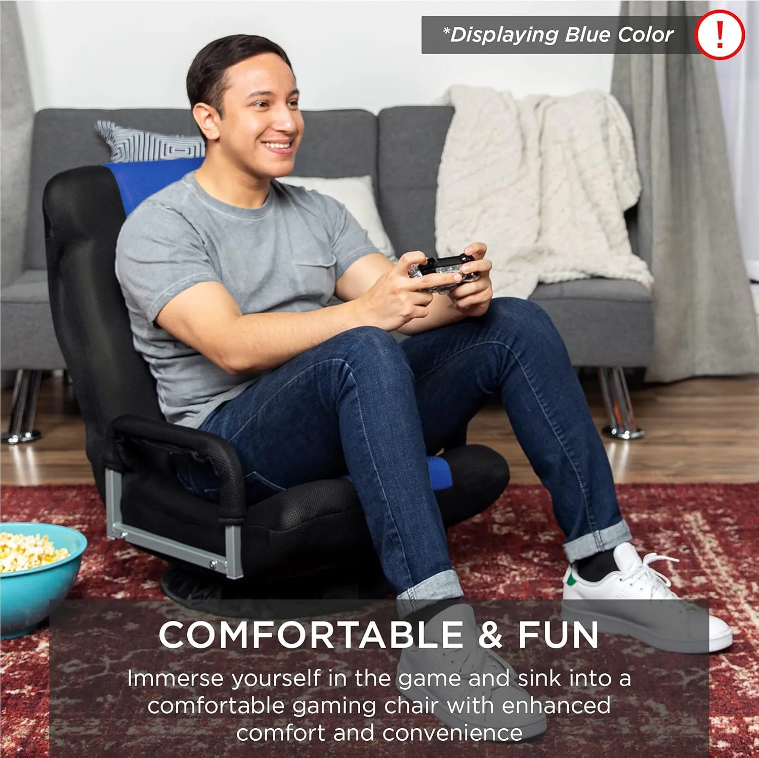 Best Choice Products Swivel Gaming Chair 360 Degree Multipurpose Floor Chair Rocker for TV, Reading, Playing Video Games w/Lumbar Support, Armrest Handles, Adjustable Foldable Backrest - Blue/Gray