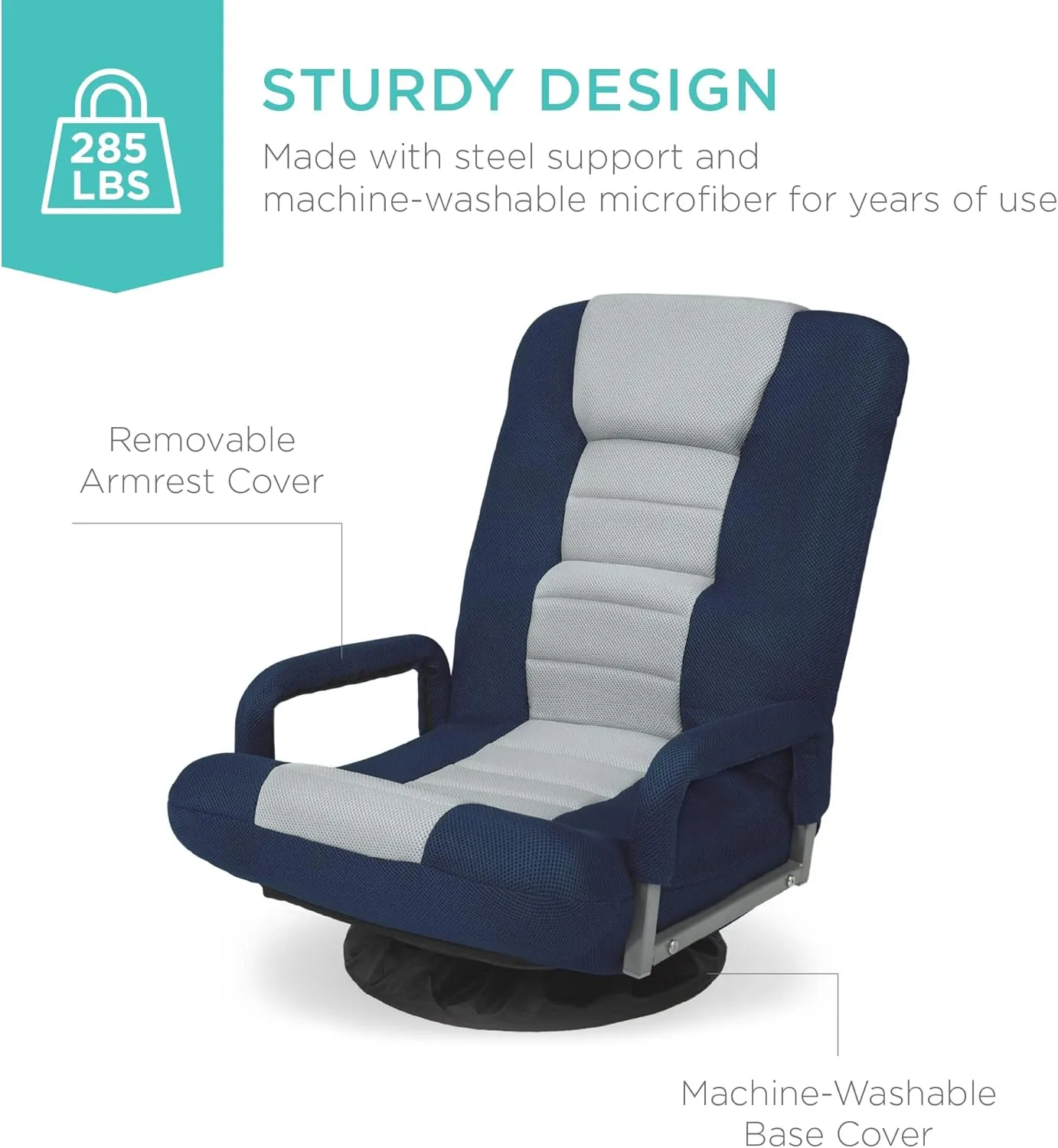 Best Choice Products Swivel Gaming Chair 360 Degree Multipurpose Floor Chair Rocker for TV, Reading, Playing Video Games w/Lumbar Support, Armrest Handles, Adjustable Foldable Backrest - Blue/Gray