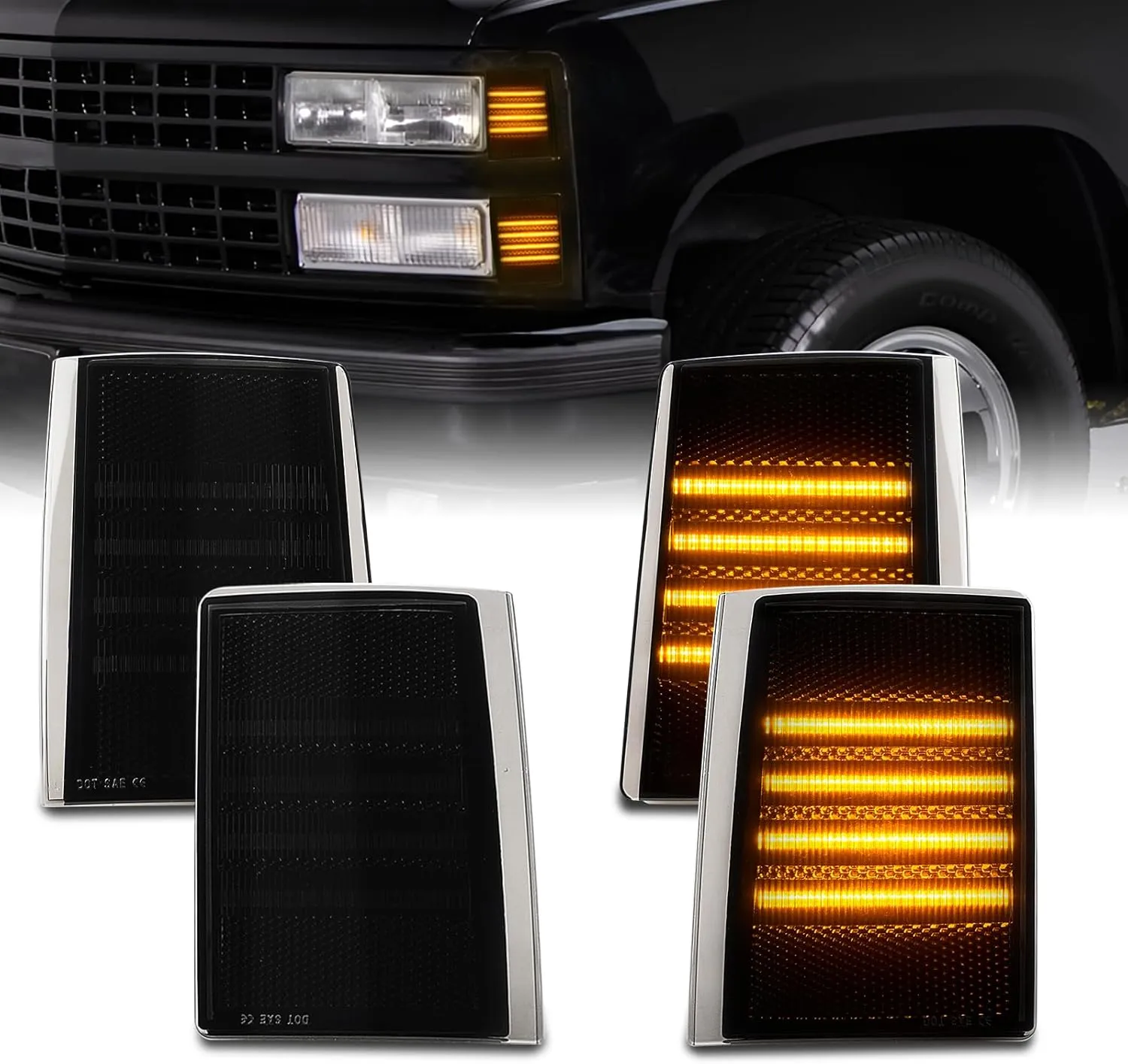 Bestview LED Front Corner Light Side Marker Turn Signal Light Compatible with GMC Sierra C/K 1500 2500 3500 Suburban Yukon,Upper & Lower Side Marker Reflector Light Amber Smoked Lens,4 Pack