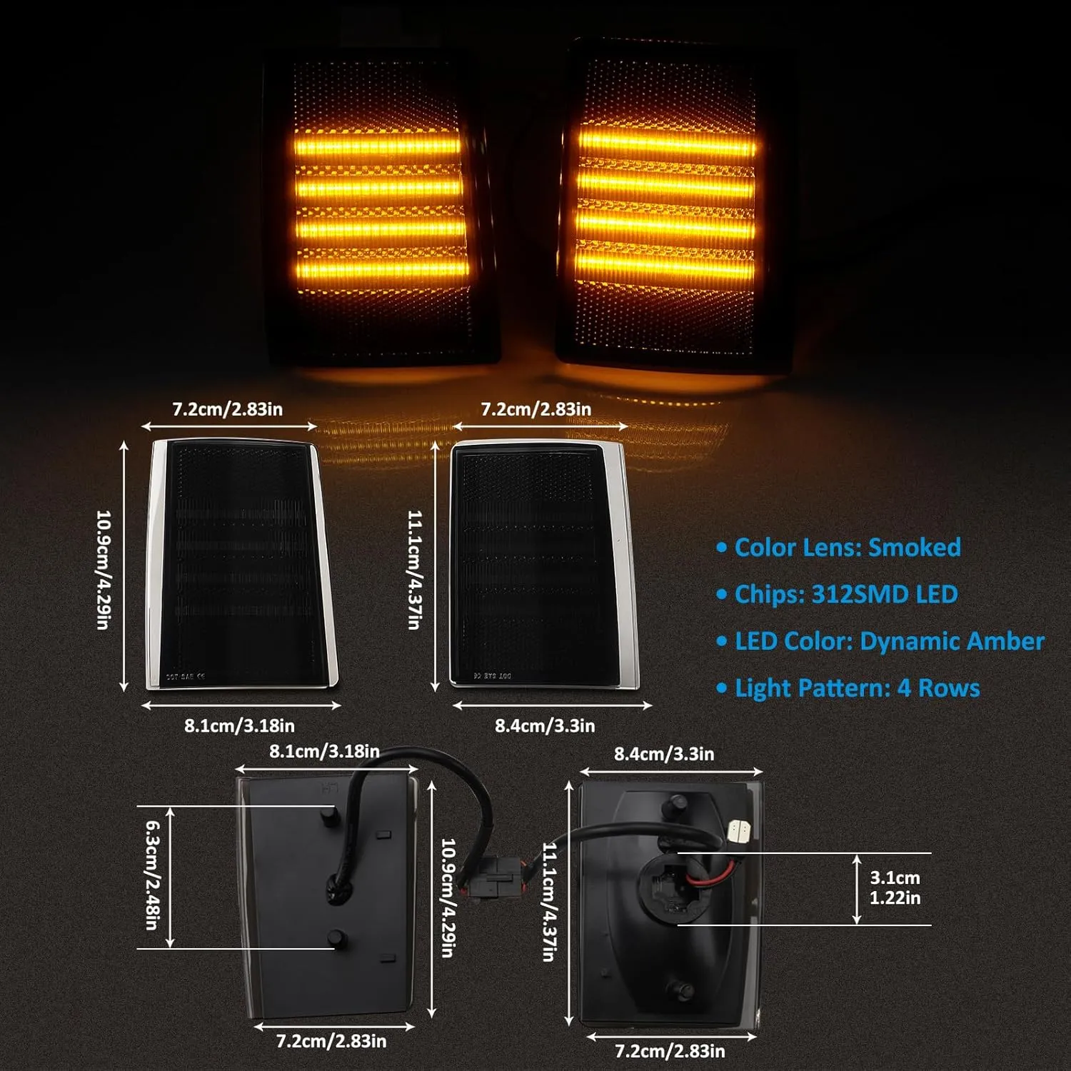 Bestview LED Front Corner Light Side Marker Turn Signal Light Compatible with GMC Sierra C/K 1500 2500 3500 Suburban Yukon,Upper & Lower Side Marker Reflector Light Amber Smoked Lens,4 Pack
