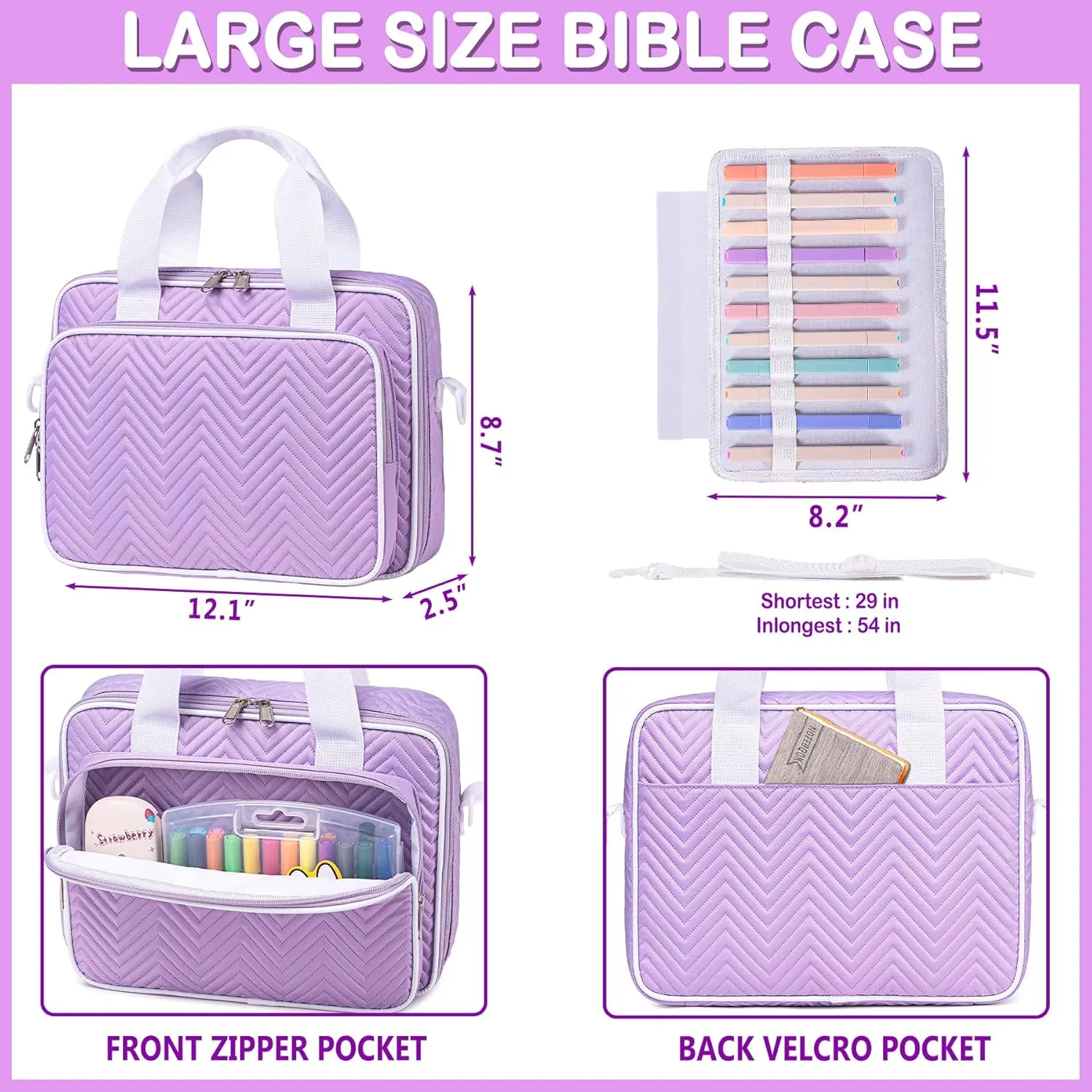 Bible Cover Carrying Book Case Church Bag Bible, Protective with Zippered Pocket, Bible Study Accessories Supplies, Book Protector for Book Lovers with Shoulder Strap and Detachable Pen Slots, Violet