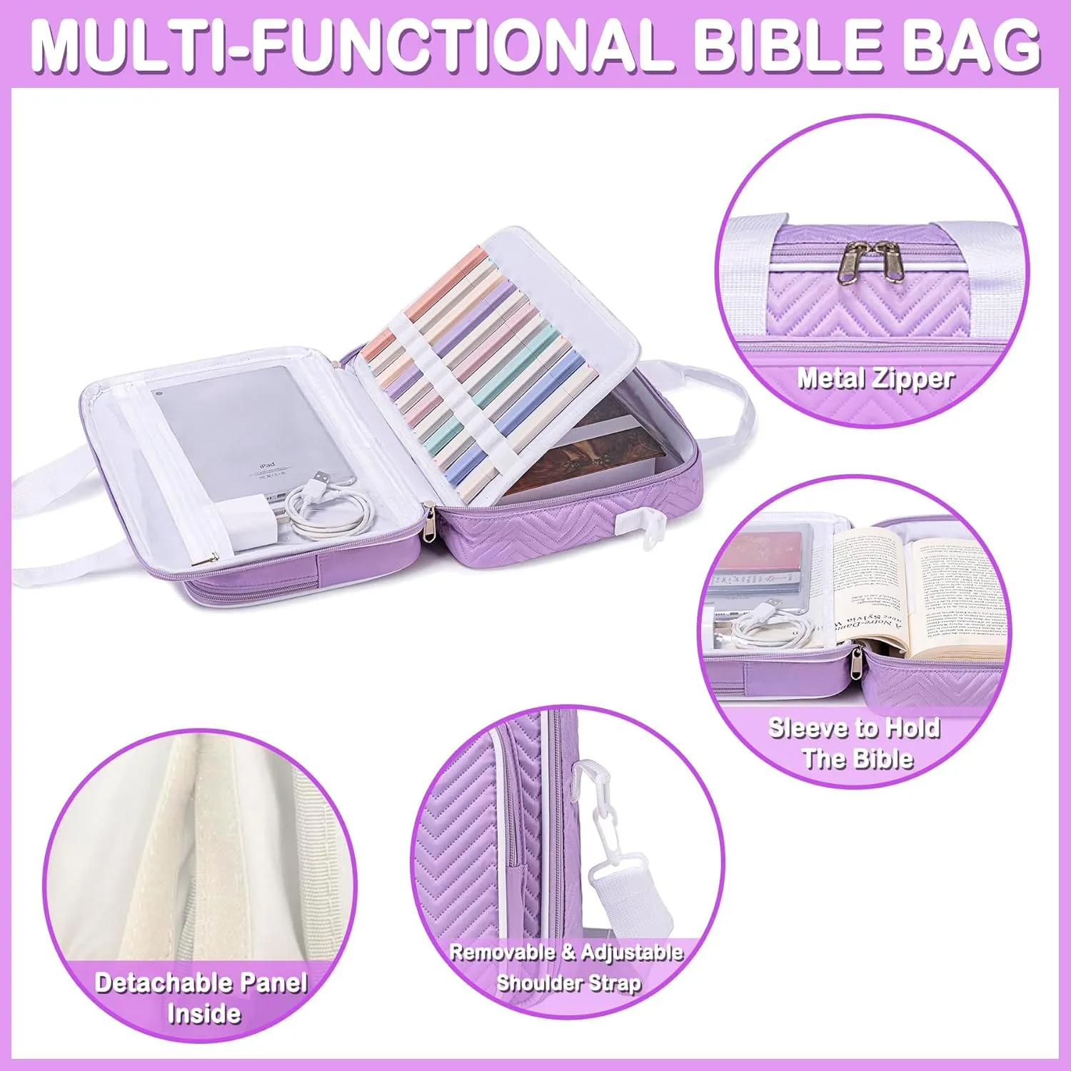 Bible Cover Carrying Book Case Church Bag Bible, Protective with Zippered Pocket, Bible Study Accessories Supplies, Book Protector for Book Lovers with Shoulder Strap and Detachable Pen Slots, Violet