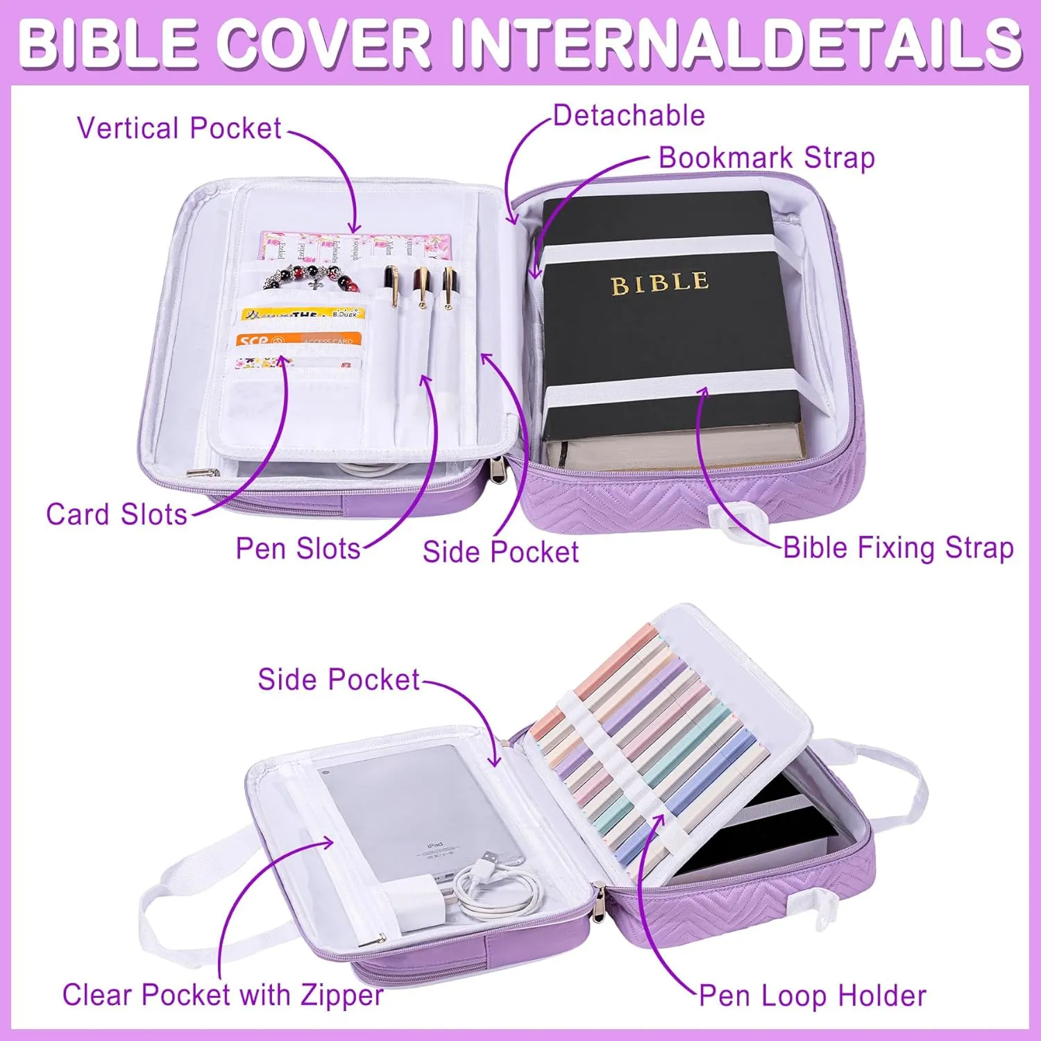 Bible Cover Carrying Book Case Church Bag Bible, Protective with Zippered Pocket, Bible Study Accessories Supplies, Book Protector for Book Lovers with Shoulder Strap and Detachable Pen Slots, Violet