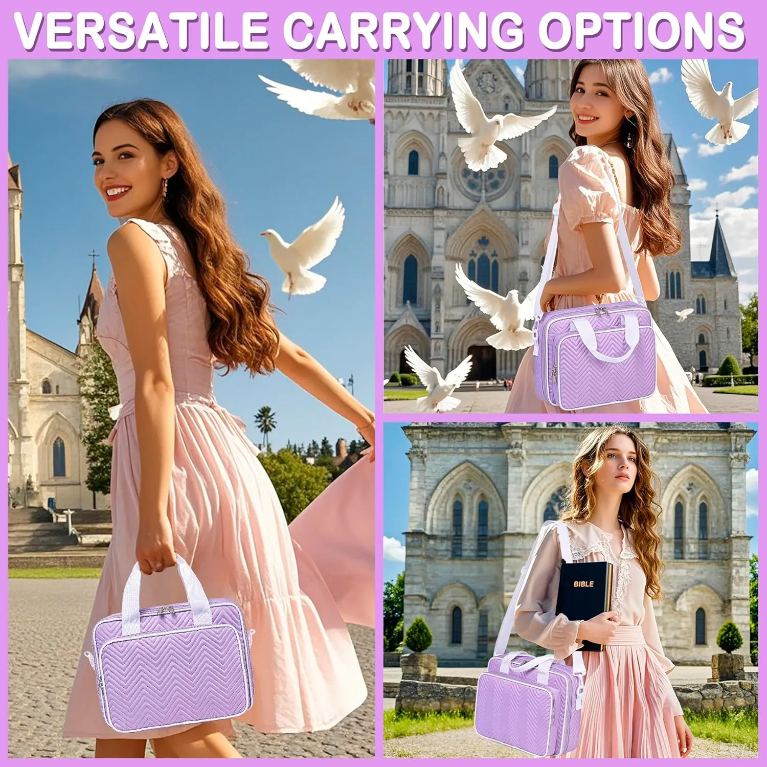 Bible Cover Carrying Book Case Church Bag Bible, Protective with Zippered Pocket, Bible Study Accessories Supplies, Book Protector for Book Lovers with Shoulder Strap and Detachable Pen Slots, Violet