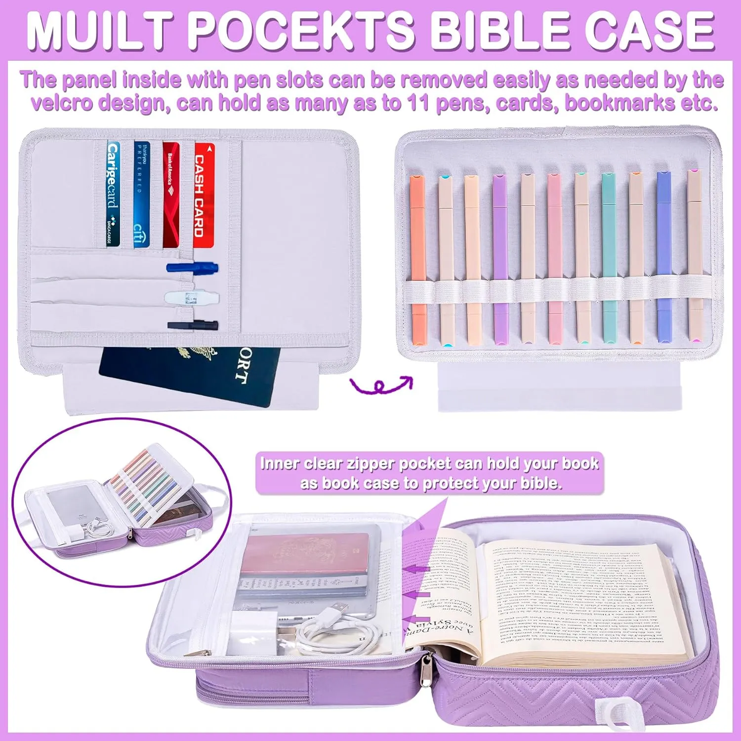 Bible Cover Carrying Book Case Church Bag Bible, Protective with Zippered Pocket, Bible Study Accessories Supplies, Book Protector for Book Lovers with Shoulder Strap and Detachable Pen Slots, Violet