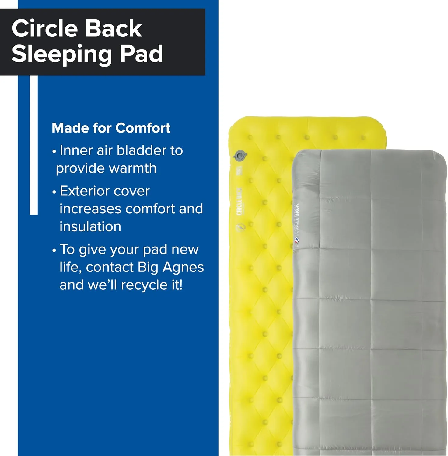 Big Agnes Circle Back Insulated Sleeping Pad - Sustainable & Recyclable 3-Season Air Pad with Removable Cover | 3-Season Camping & Backpacking - Wide Long (25x78)