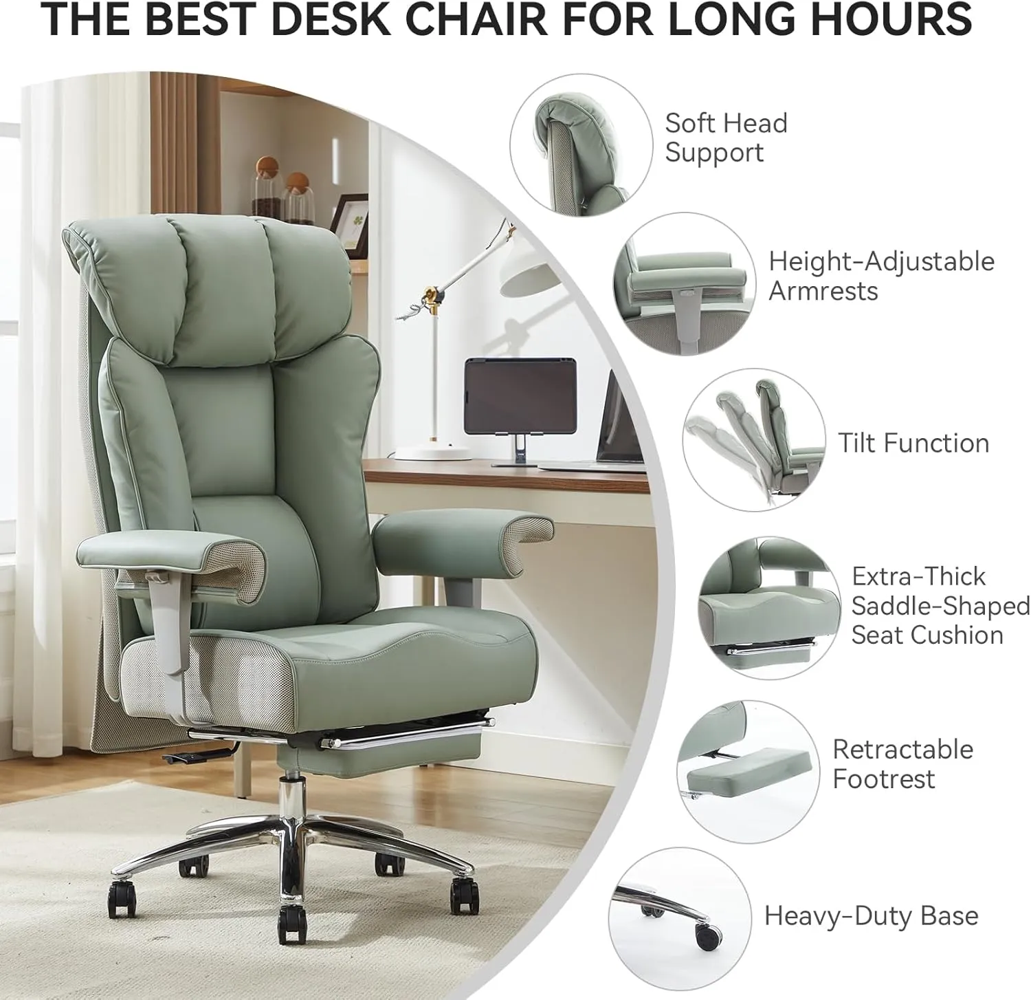 Big and Tall Ergonomic Office Chair 450LBS with Foot Rest, High Back PU Leather Executive Chair with Adjustable Padded Armrests, Lumbar Support for Home or Work, Heavy Duty Computer Chair, Green