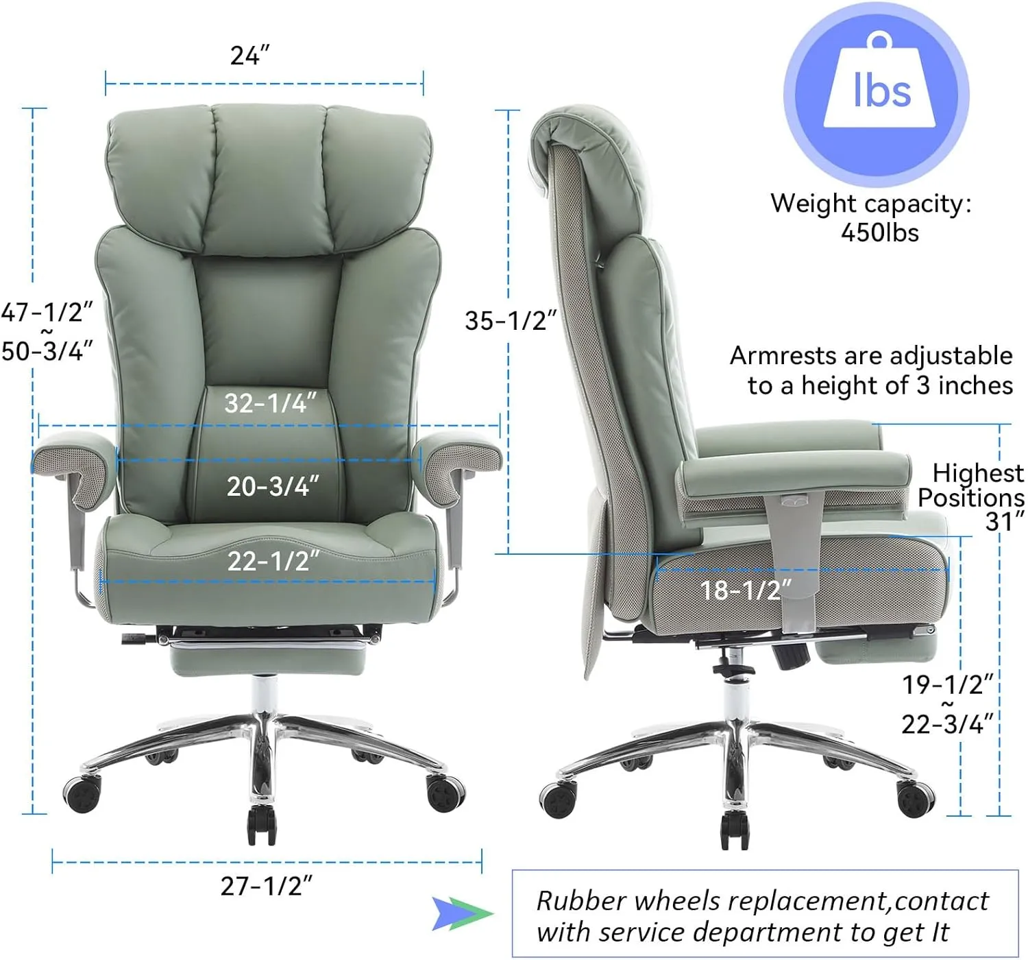 Big and Tall Ergonomic Office Chair 450LBS with Foot Rest, High Back PU Leather Executive Chair with Adjustable Padded Armrests, Lumbar Support for Home or Work, Heavy Duty Computer Chair, Green