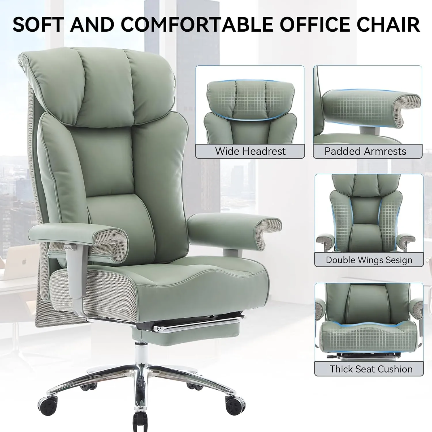 Big and Tall Ergonomic Office Chair 450LBS with Foot Rest, High Back PU Leather Executive Chair with Adjustable Padded Armrests, Lumbar Support for Home or Work, Heavy Duty Computer Chair, Green