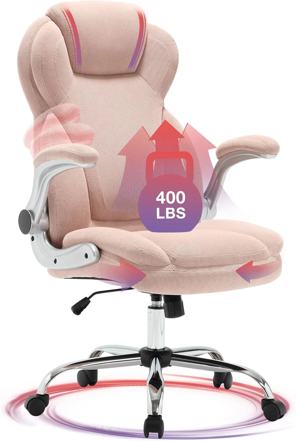 Big and Tall Fabric Pink Office Chair 400lbs-Heavy Duty Executive Desk Chair with Extra Wide Seat, High Back Ergonomic Leather Computer Chair with Tilt Rock&Tension, Padded Armrests-Black