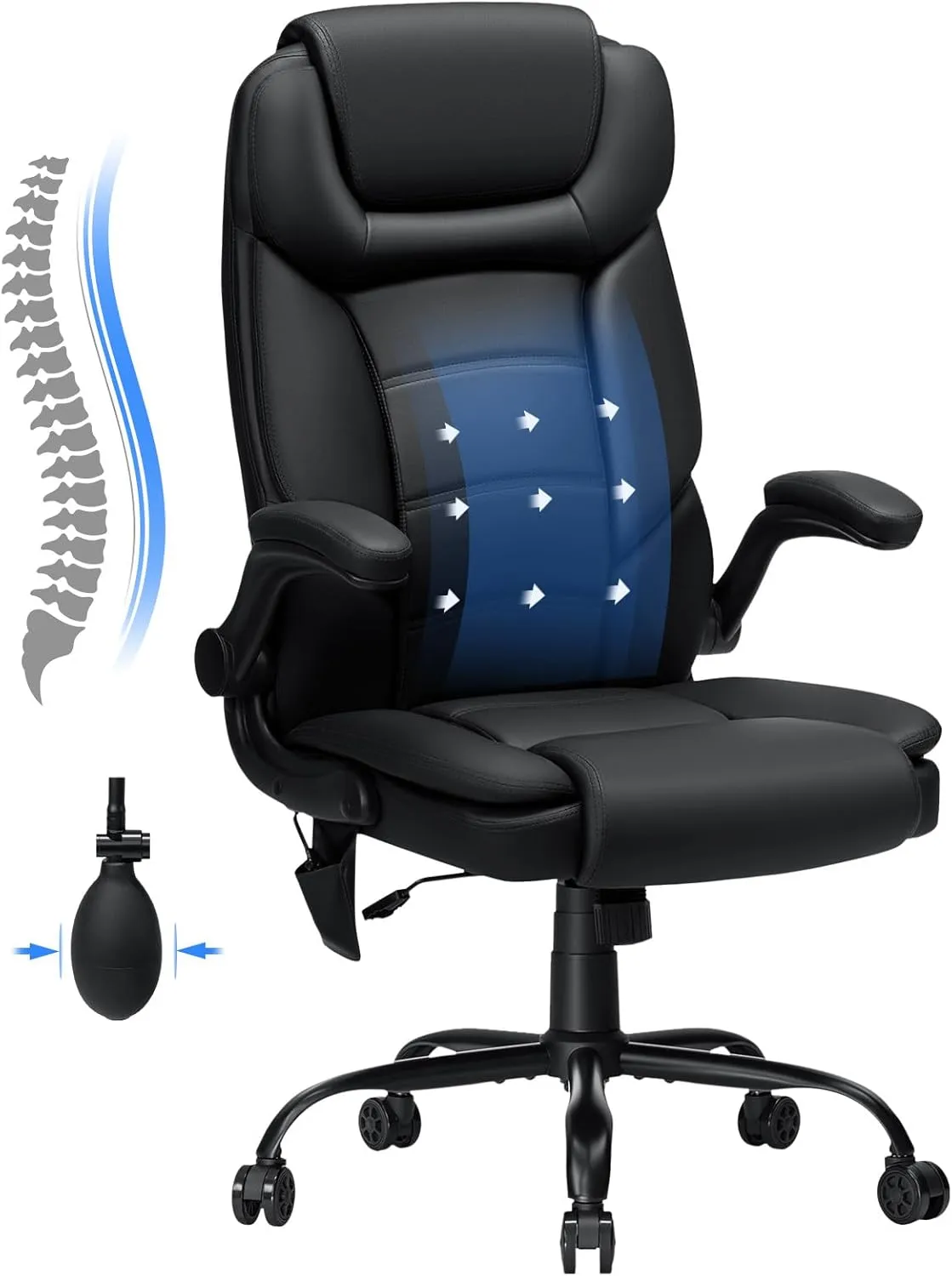 Big and Tall Office Chair 450lbs Heavy Duty Executive Desk Chair with Adjustable Lumbar Support High Back Ergonomic Home Computer Leather Chair with Padded Flip-up Arms for Heavy People,Black