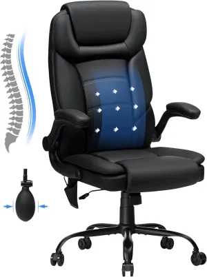 Big and Tall Office Chair 450lbs Heavy Duty Executive Desk Chair with Adjustable Lumbar Support High Back Ergonomic Home Computer Leather Chair with Padded Flip-up Arms for Heavy People,Black