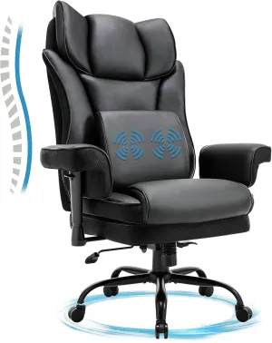 Big and Tall Office Chair, 500lbs Rocking Massage High Back Desk Chair, Ergonomic Executive Office Chair with Adjustable Padded Armrest and Lumbar Support, Adjustable Height(Dark Black)
