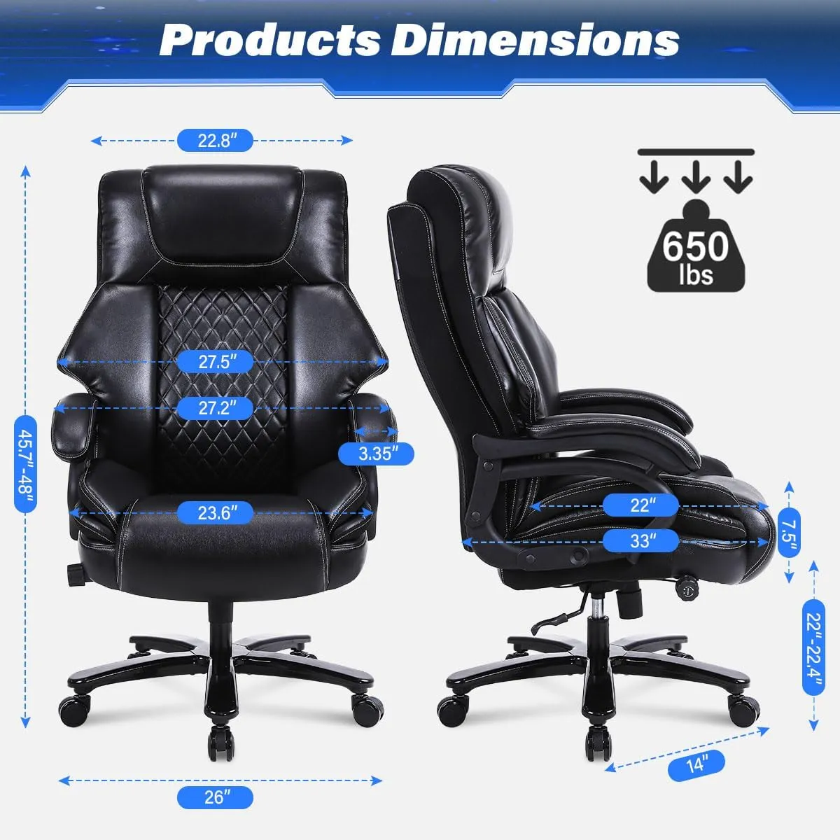 Big and Tall Office Chair 650lbs Heavy Duty Executive Chair with Adjustable Lumbar Support, Wide Seat, Ergonomic High-Back Leather Desk Chair for Heavy People