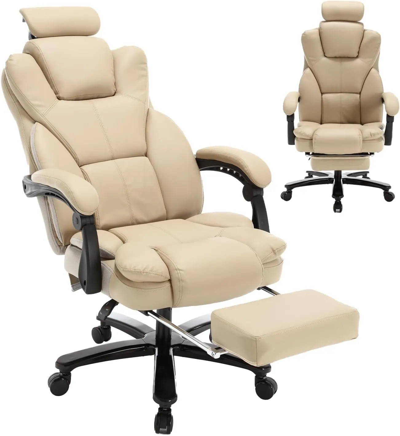 Big and Tall Reclining Office Chair 400lbs, High Back Recliner Desk Chairs with Footrest & Headrest, PU Leather Ergonomic Executive Office Chairs 360° Swivel Home Office Desk Chair, Beige