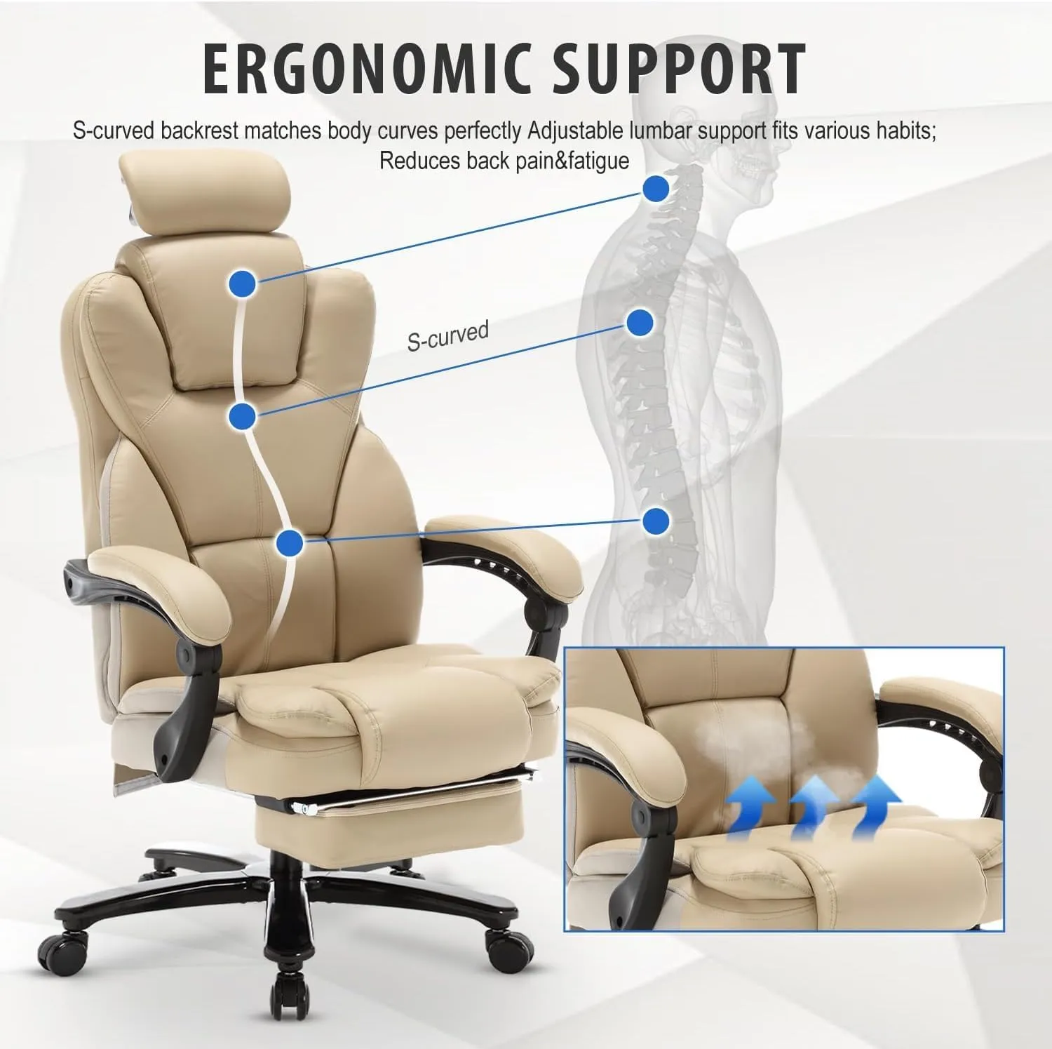 Big and Tall Reclining Office Chair 400lbs, High Back Recliner Desk Chairs with Footrest & Headrest, PU Leather Ergonomic Executive Office Chairs 360° Swivel Home Office Desk Chair, Beige