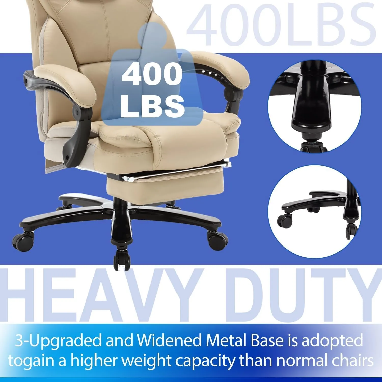 Big and Tall Reclining Office Chair 400lbs, High Back Recliner Desk Chairs with Footrest & Headrest, PU Leather Ergonomic Executive Office Chairs 360° Swivel Home Office Desk Chair, Beige