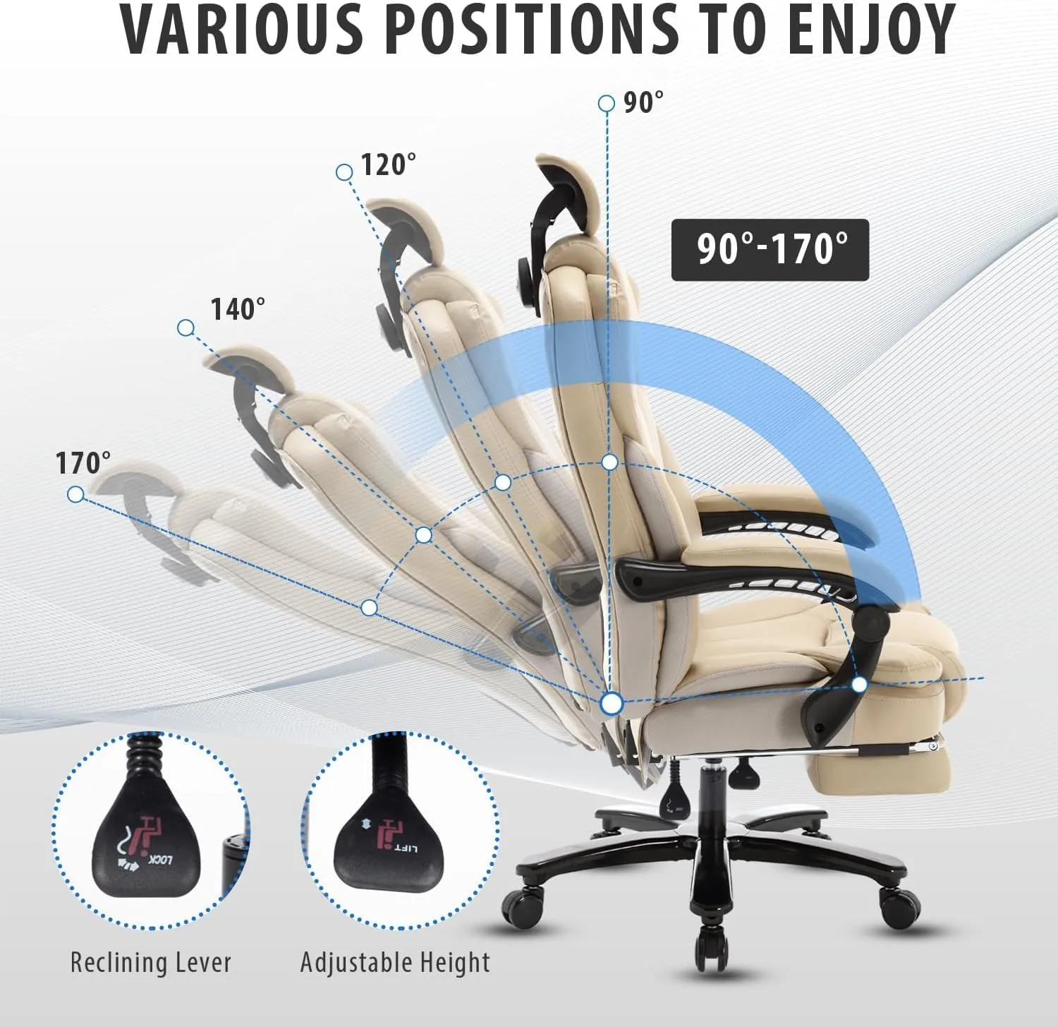 Big and Tall Reclining Office Chair 400lbs, High Back Recliner Desk Chairs with Footrest & Headrest, PU Leather Ergonomic Executive Office Chairs 360° Swivel Home Office Desk Chair, Beige
