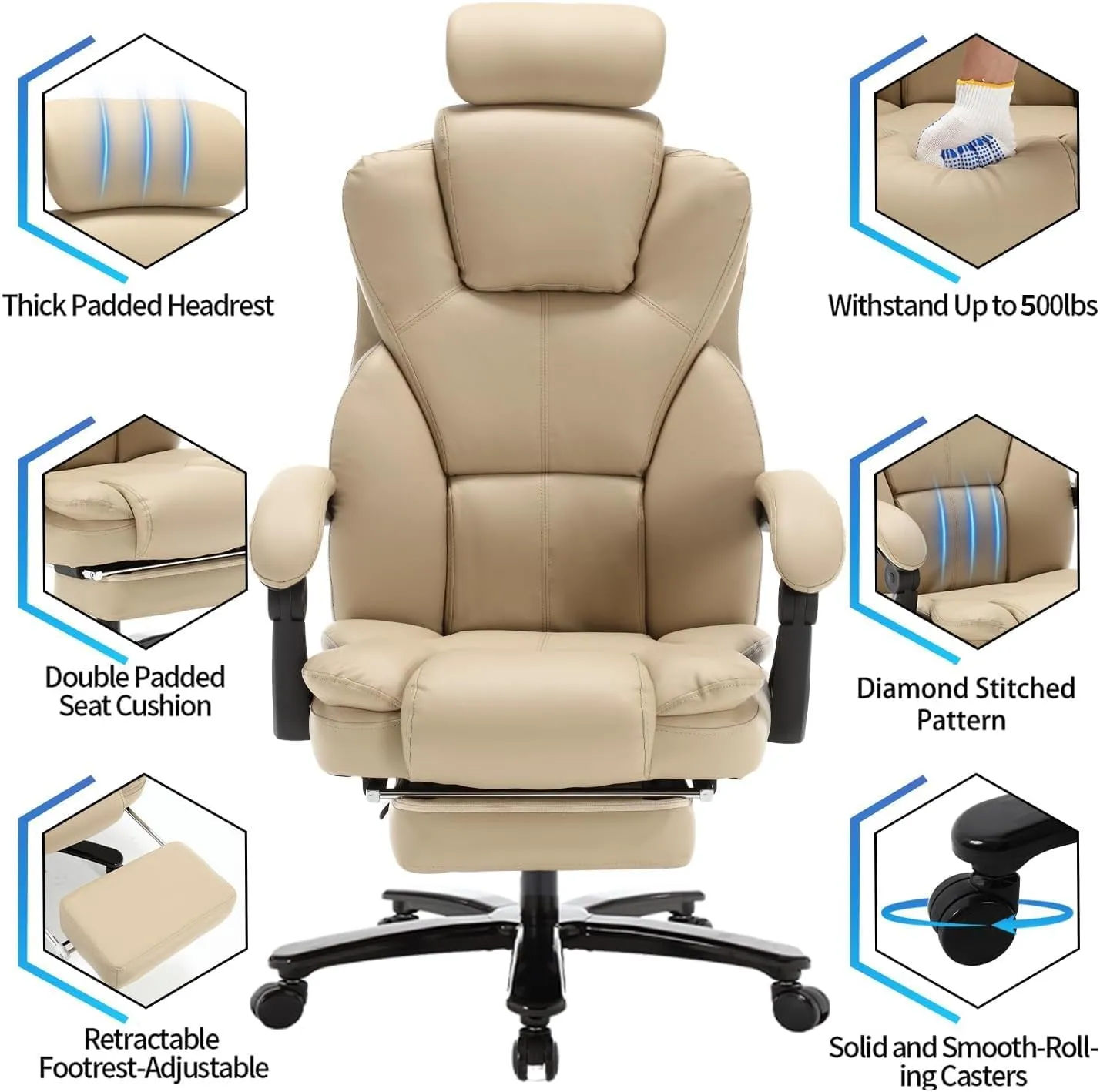 Big and Tall Reclining Office Chair 400lbs, High Back Recliner Desk Chairs with Footrest & Headrest, PU Leather Ergonomic Executive Office Chairs 360° Swivel Home Office Desk Chair, Beige