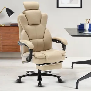 Big and Tall Reclining Office Chair 400lbs, High Back Recliner Desk Chairs with Footrest & Headrest, PU Leather Ergonomic Executive Office Chairs 360° Swivel Home Office Desk Chair, Beige