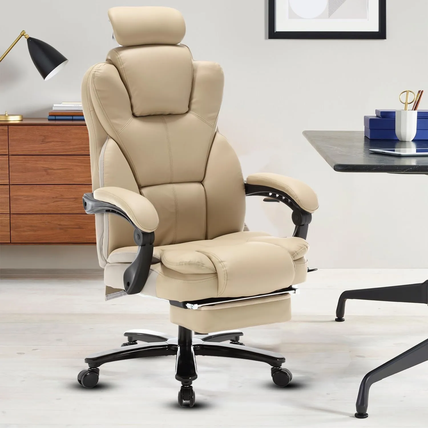 Big and Tall Reclining Office Chair 400lbs, High Back Recliner Desk Chairs with Footrest & Headrest, PU Leather Ergonomic Executive Office Chairs 360° Swivel Home Office Desk Chair, Beige