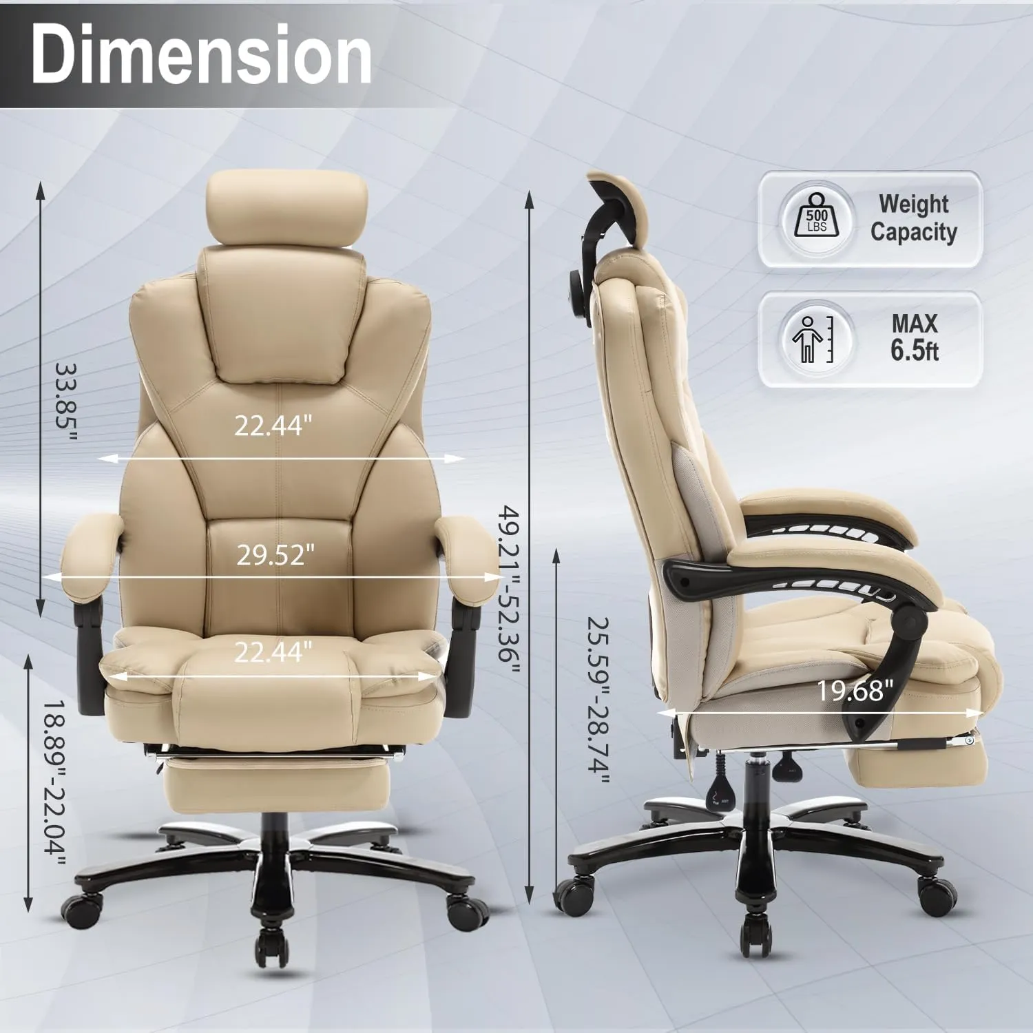 Big and Tall Reclining Office Chair 400lbs, High Back Recliner Desk Chairs with Footrest & Headrest, PU Leather Ergonomic Executive Office Chairs 360° Swivel Home Office Desk Chair, Beige