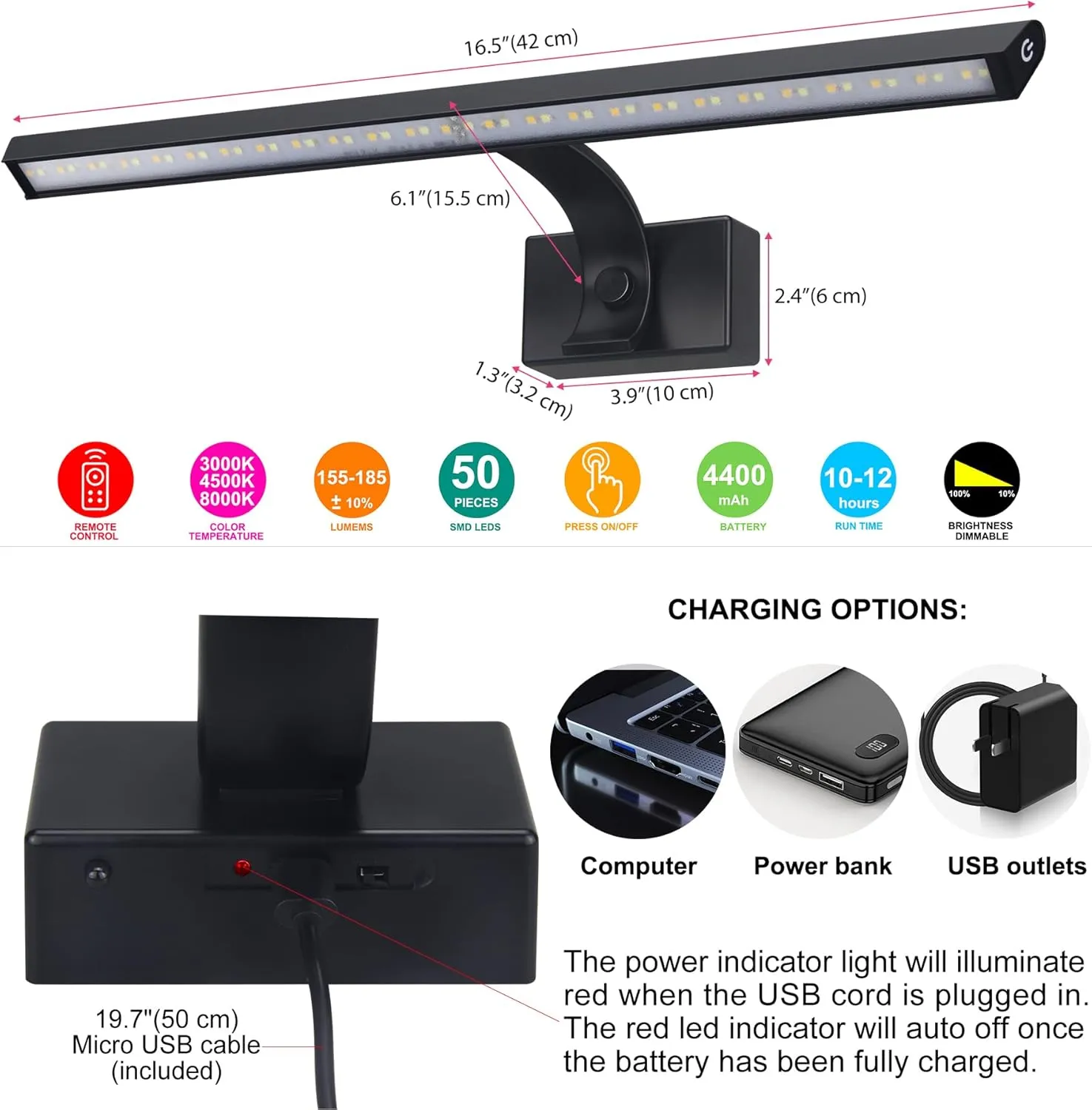 BIGMONAT 16inch Wireless LED Picture Light with Remote, 4400mAh Rechargeable Operated Picture Light with Timer and Dimmable, Metal Display Lamp for Wall, Frame Portrait Art, Matte Black