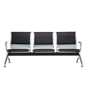 black 3-Sitter Leather Padded Reception Airport Waiting Chair