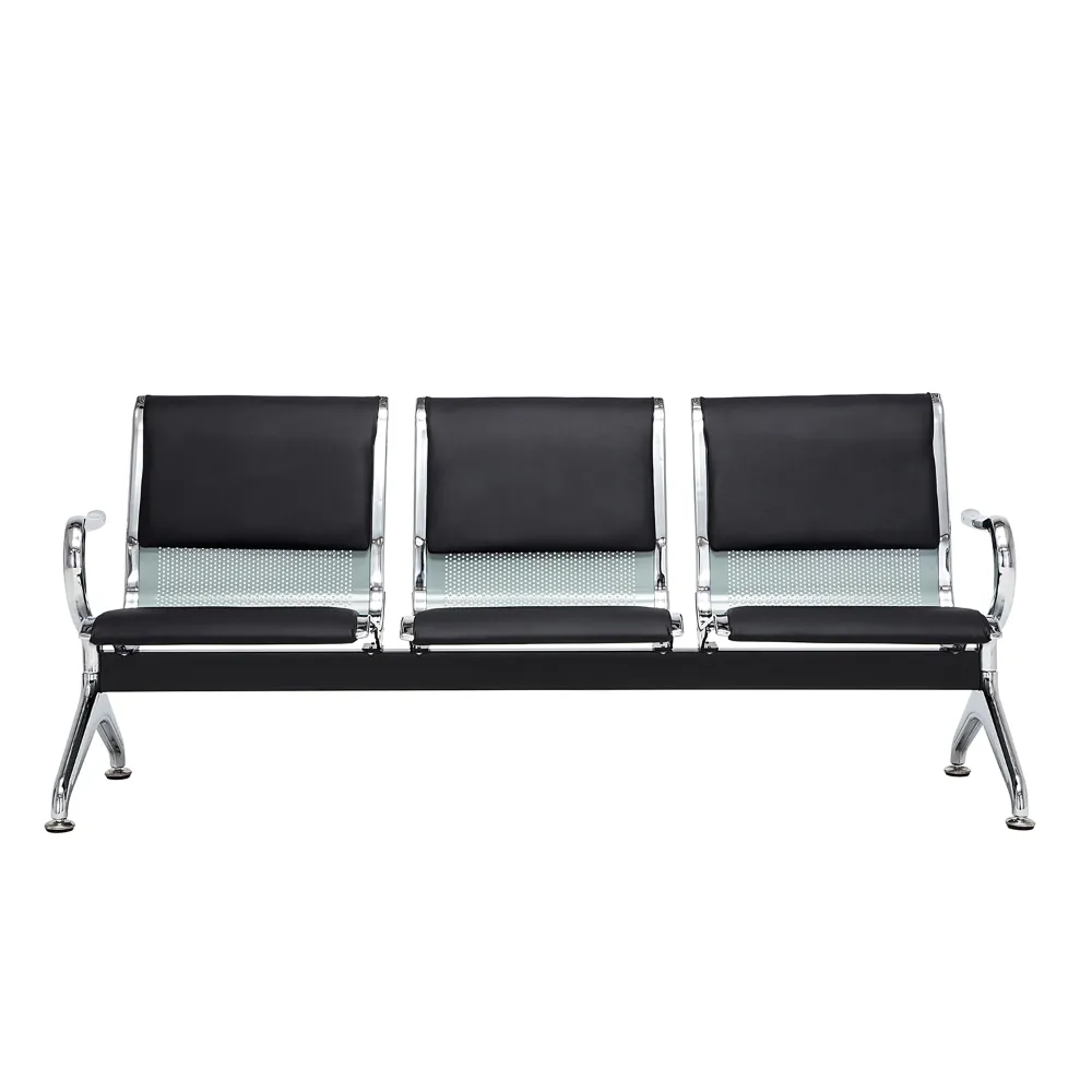 black 3-Sitter Leather Padded Reception Airport Waiting Chair