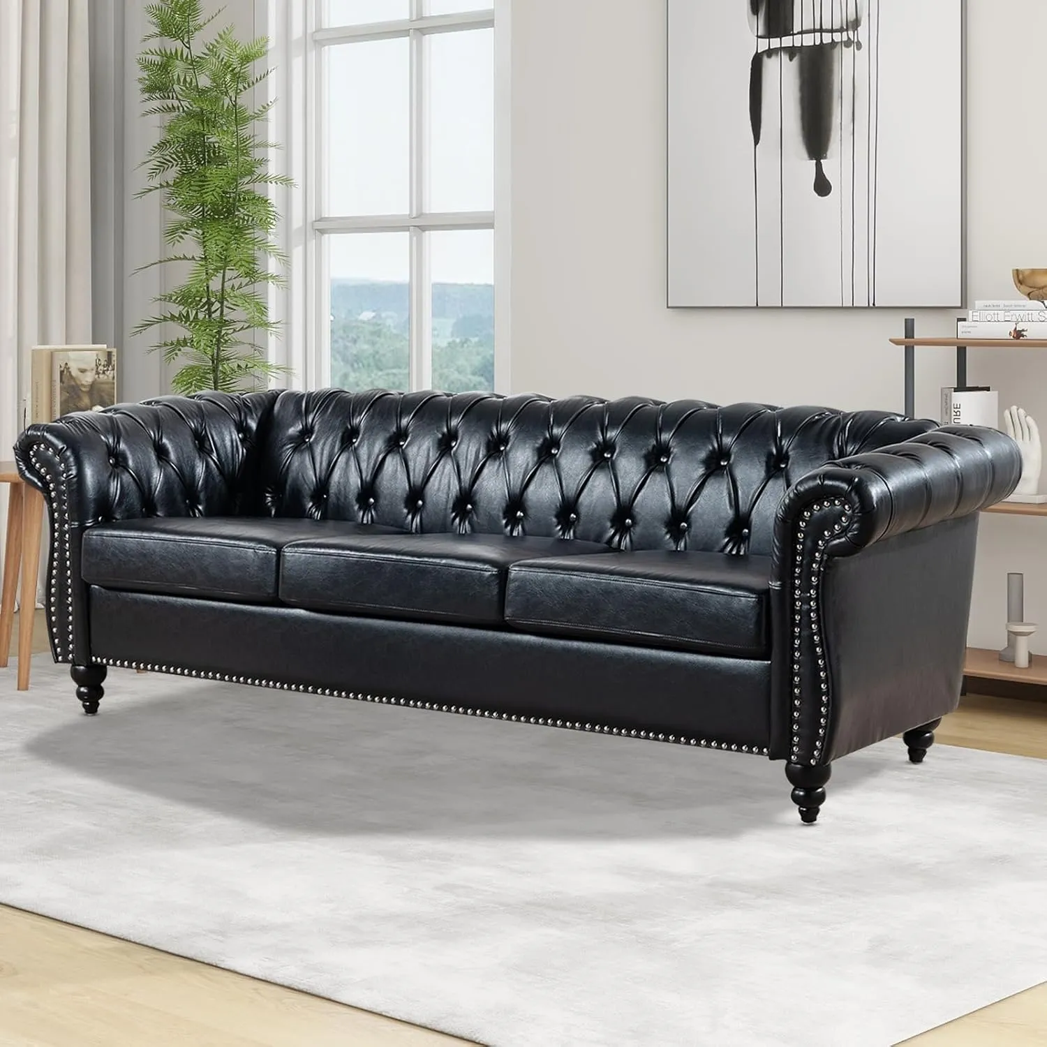 Black Chesterfield Sofa 3 Seater, with Scroll Arms and Nailhead, Faux Leather Luxury Large Sofa for Living Room Office Bedroom Apartment Hotel