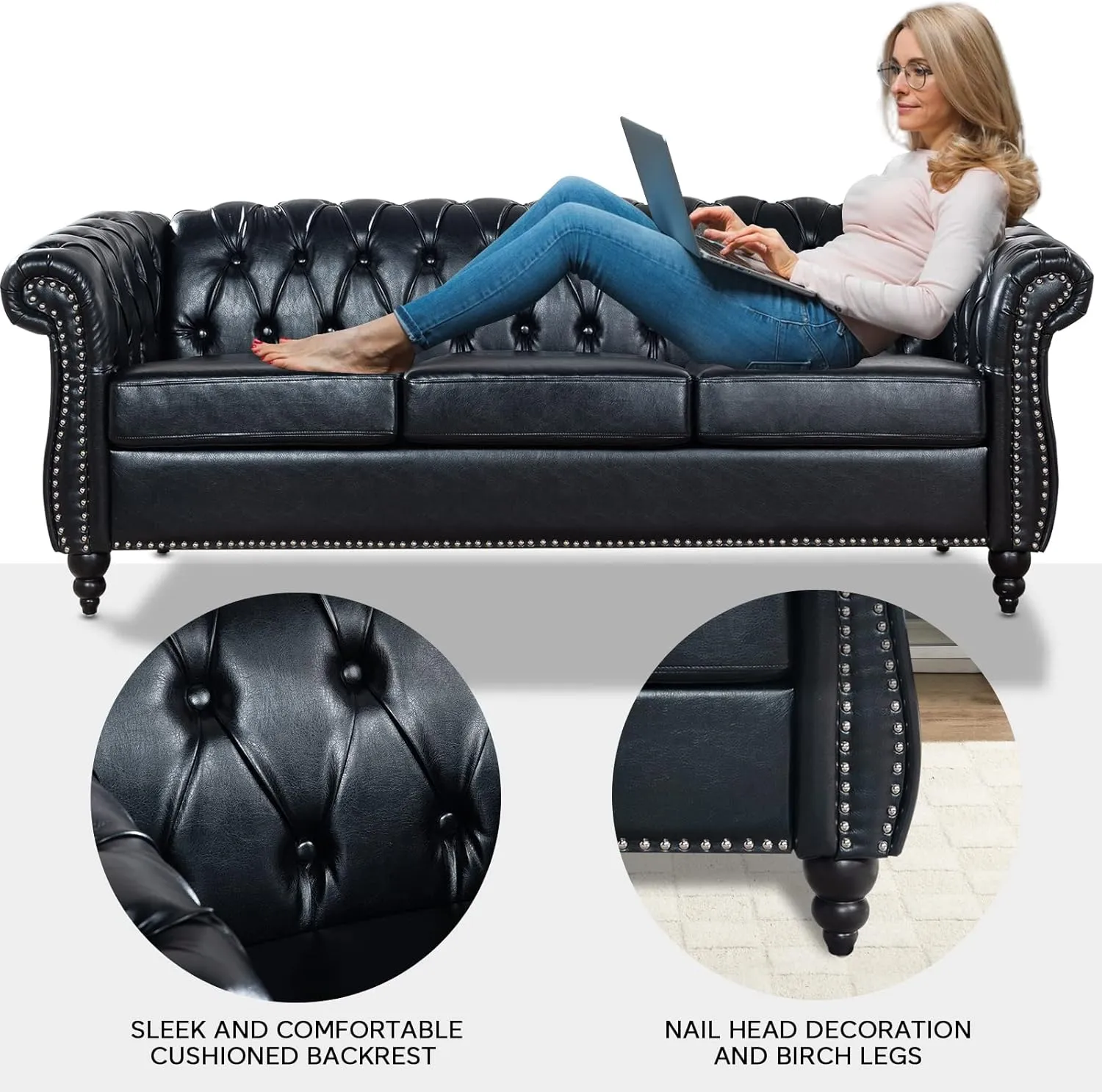 Black Chesterfield Sofa 3 Seater, with Scroll Arms and Nailhead, Faux Leather Luxury Large Sofa for Living Room Office Bedroom Apartment Hotel