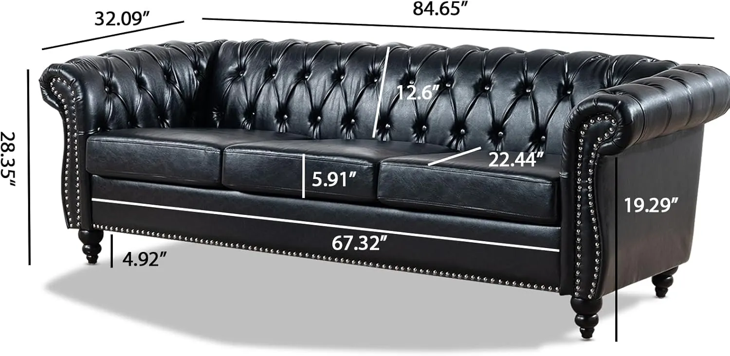 Black Chesterfield Sofa 3 Seater, with Scroll Arms and Nailhead, Faux Leather Luxury Large Sofa for Living Room Office Bedroom Apartment Hotel
