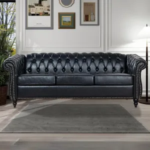 Black Chesterfield Sofa 3 Seater, with Scroll Arms and Nailhead, Faux Leather Luxury Large Sofa for Living Room Office Bedroom Apartment Hotel