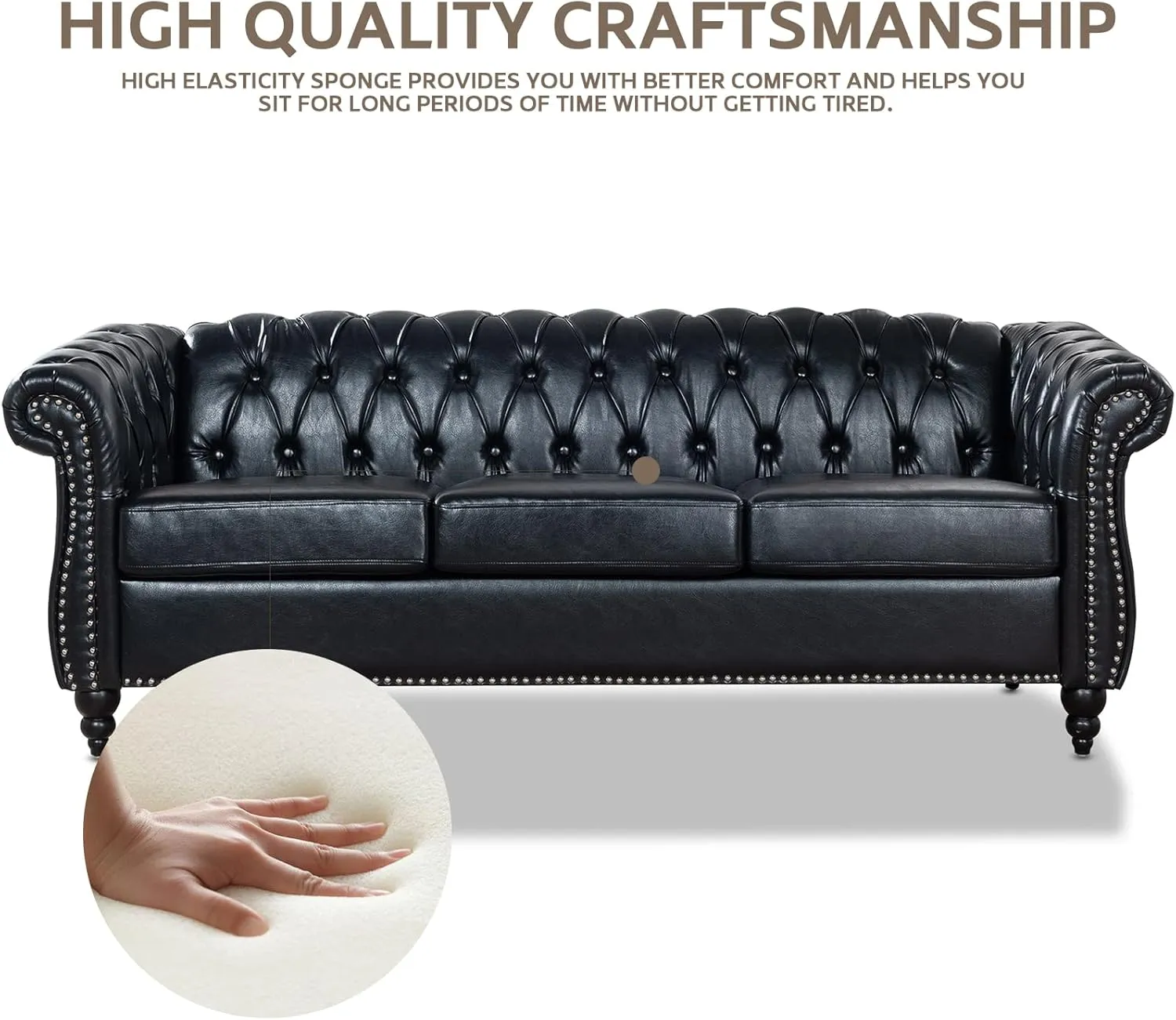 Black Chesterfield Sofa 3 Seater, with Scroll Arms and Nailhead, Faux Leather Luxury Large Sofa for Living Room Office Bedroom Apartment Hotel