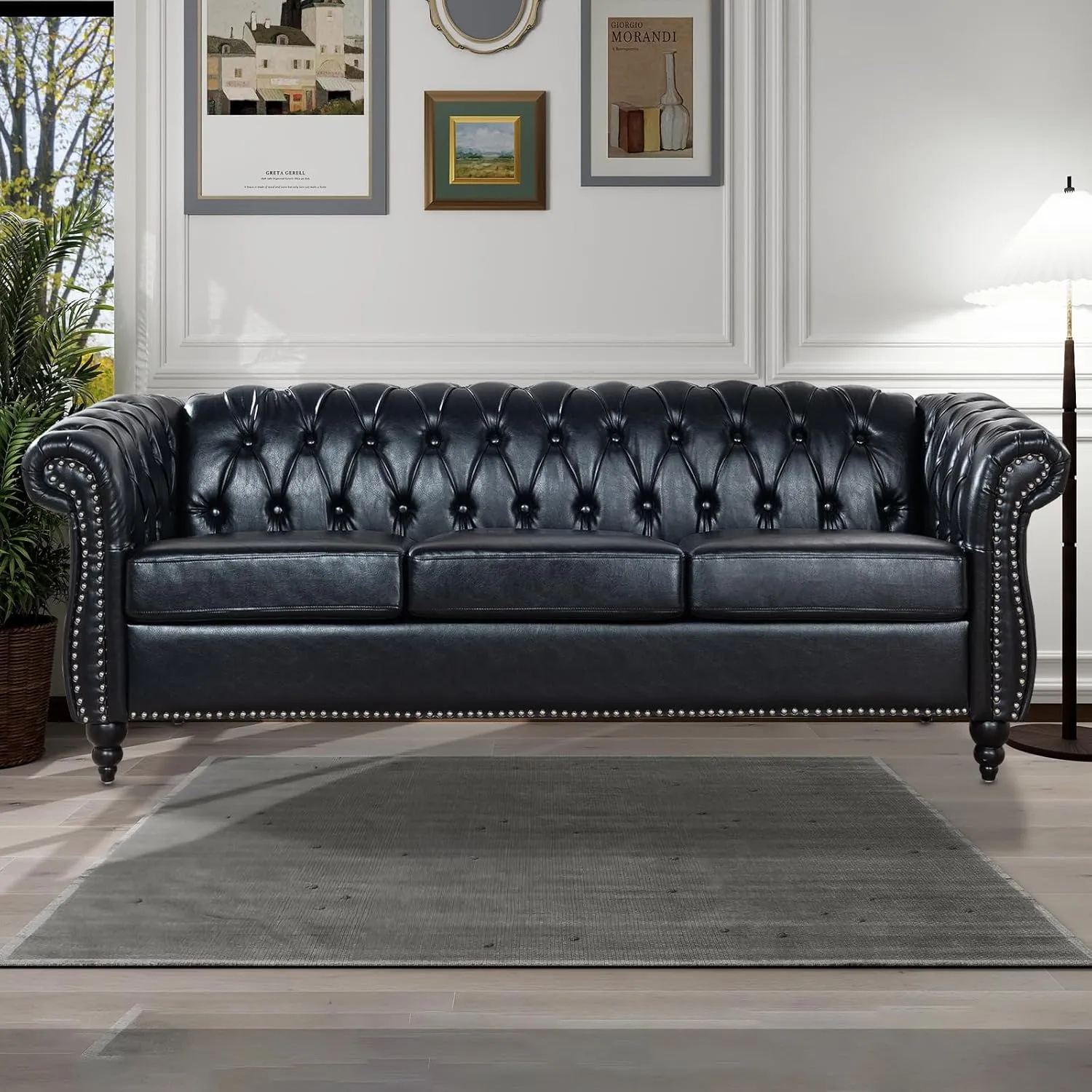 Black Chesterfield Sofa 3 Seater, with Scroll Arms and Nailhead, Faux Leather Luxury Large Sofa for Living Room Office Bedroom Apartment Hotel