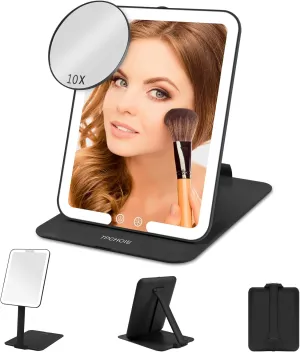 Black Makeup Mirror with Lights & Adjustable Stand, Foldable Travel Mirror with 3 Light Colors & Dimming