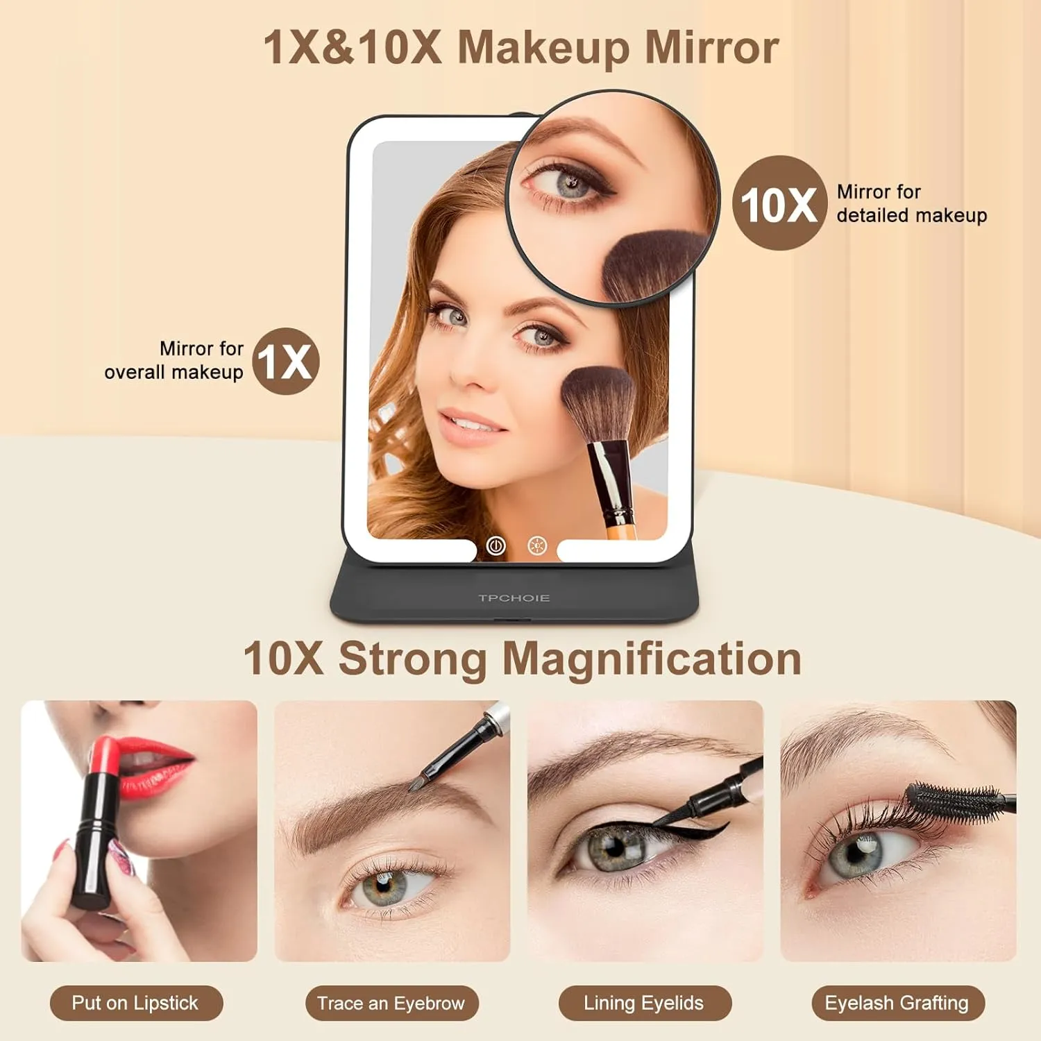 Black Makeup Mirror with Lights & Adjustable Stand, Foldable Travel Mirror with 3 Light Colors & Dimming