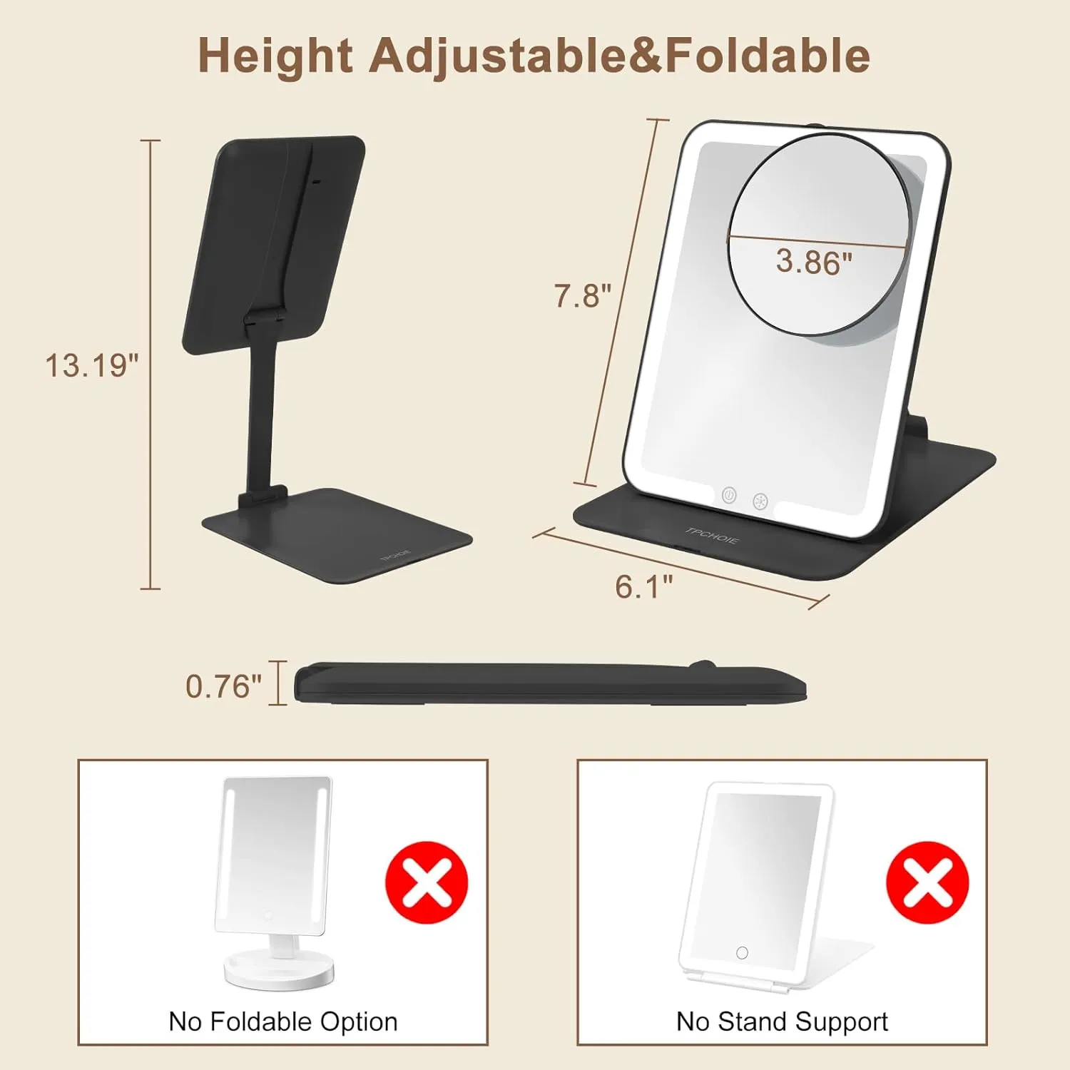 Black Makeup Mirror with Lights & Adjustable Stand, Foldable Travel Mirror with 3 Light Colors & Dimming