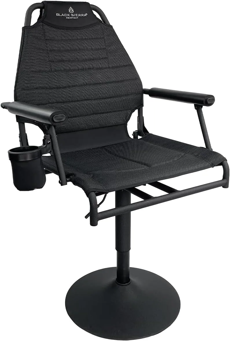 Black Sierra Silent 360° Swivel Hunting Chair, Adjustable Height Ground Hunt Seat Featuring Insulated Cupholder and Barstool Style Base, Heavy Duty Steel Frame Supports 350 Lbs. for Box Blind
