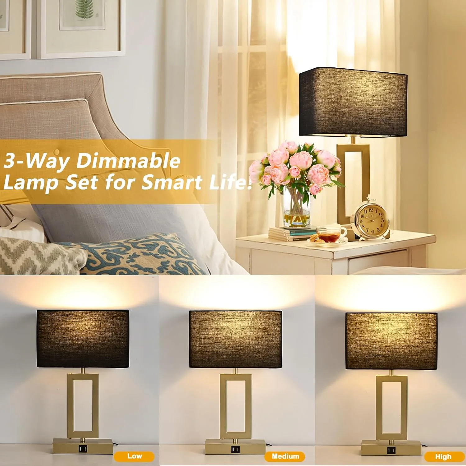 Black Table Lamps Set of 2 with Dual USB Ports,3-Way Dimmable Touch Control Bedside Lamps,Modern Bedroom Table Lamp for Living Room,Nightstand LED Bulbs Included