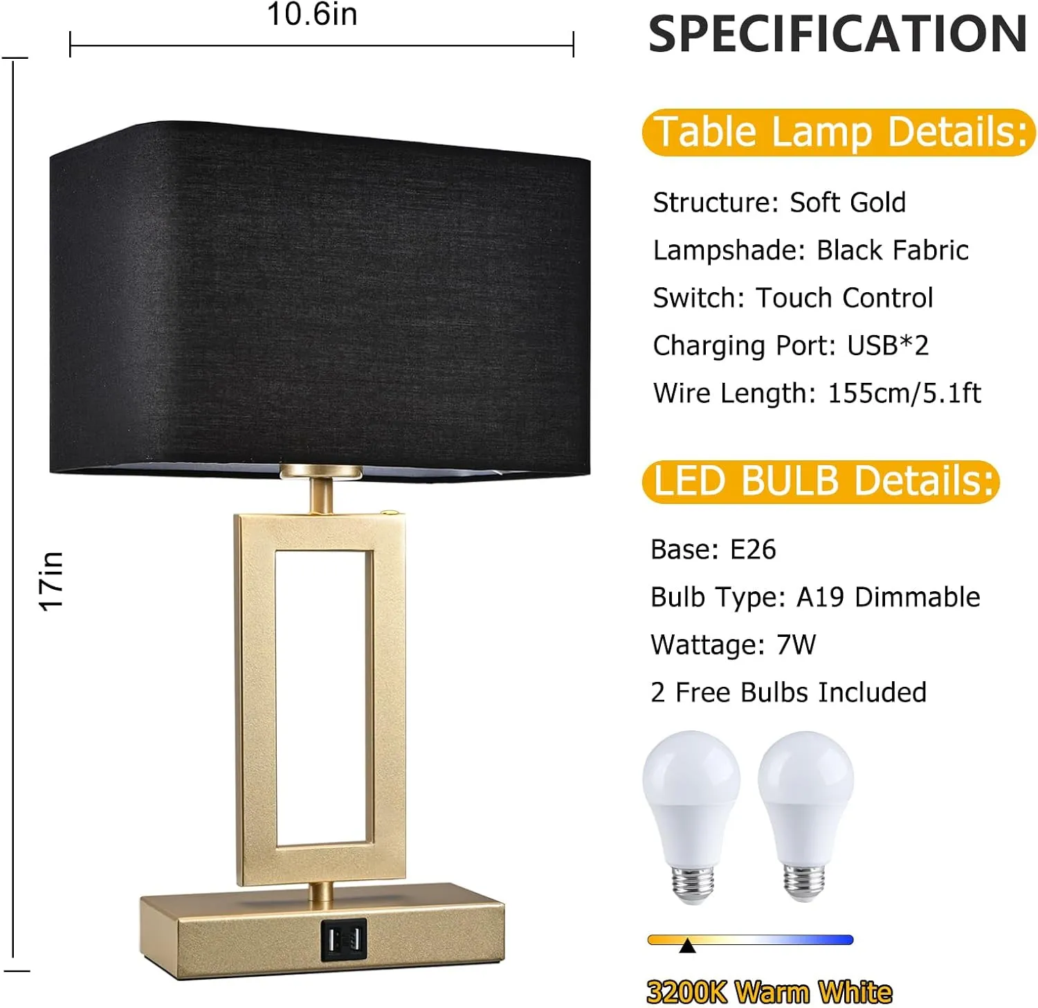 Black Table Lamps Set of 2 with Dual USB Ports,3-Way Dimmable Touch Control Bedside Lamps,Modern Bedroom Table Lamp for Living Room,Nightstand LED Bulbs Included