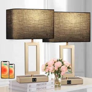 Black Table Lamps Set of 2 with Dual USB Ports,3-Way Dimmable Touch Control Bedside Lamps,Modern Bedroom Table Lamp for Living Room,Nightstand LED Bulbs Included