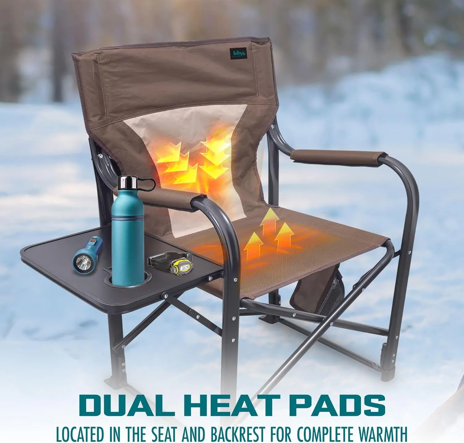 Bliss Hammocks 24 Volt Heated Directors Seat 21 Inch Wide Steel Camping Chair, Brown