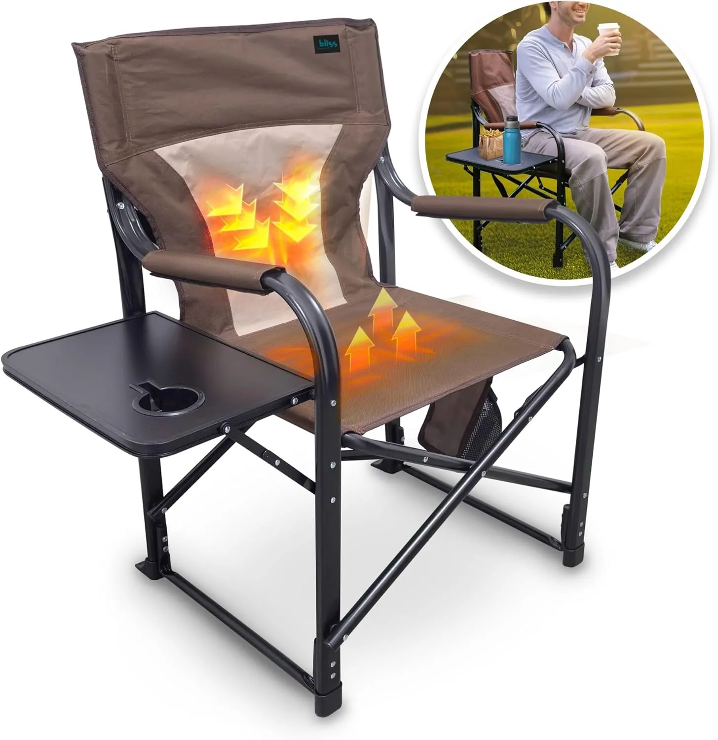 Bliss Hammocks 24 Volt Heated Directors Seat 21 Inch Wide Steel Camping Chair, Brown