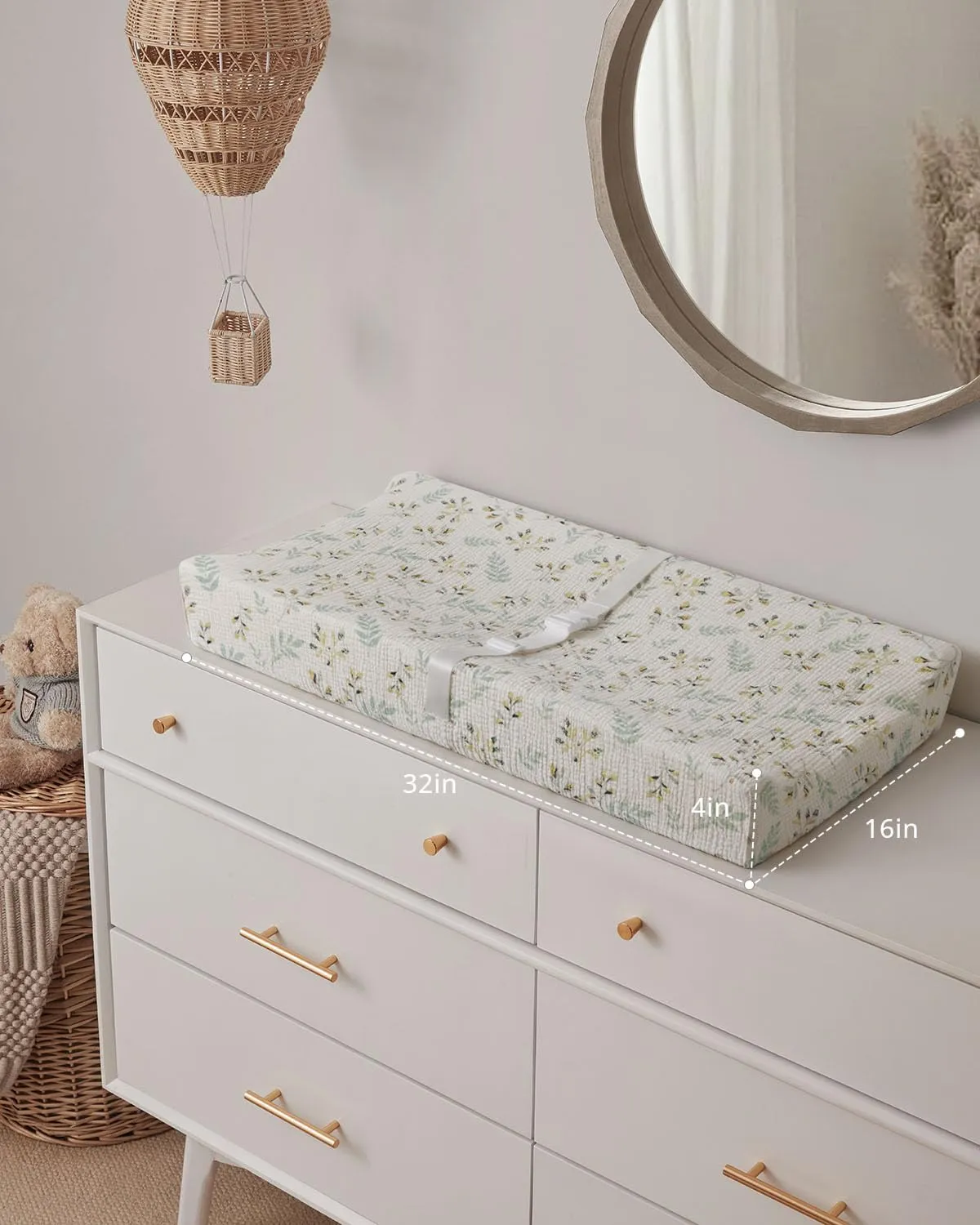 Blissful Diary Muslin Baby Changing Pad with Waterproof Lining Foam, Diaper Changing Table Pad with Cover for Dressers (Botanical Leaf, Rectangular)