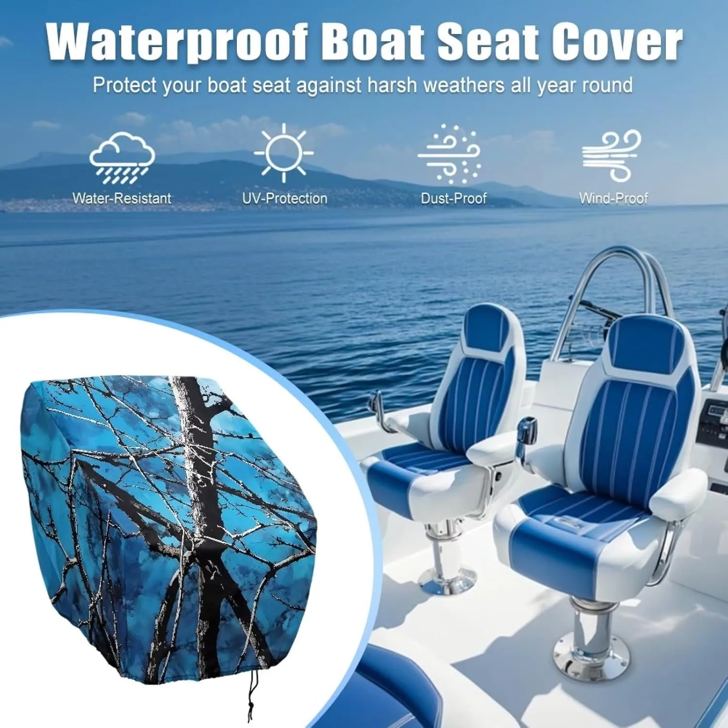 Blue Branch Boat Seat Cover Heavy Duty, Captain's Chair Cover Weather Resistant Waterproof 2 Pack, Boat Bench Chair Seat Cover, Boat Cabin Seating Accessories