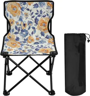 Blue Flowers Grass Portable Outdoor Folding Chair Anti-Slip Padded Oxford Cloth Stool Camping Chair Small for Beach Hiking Fishing Gardening Quad Camp Chair